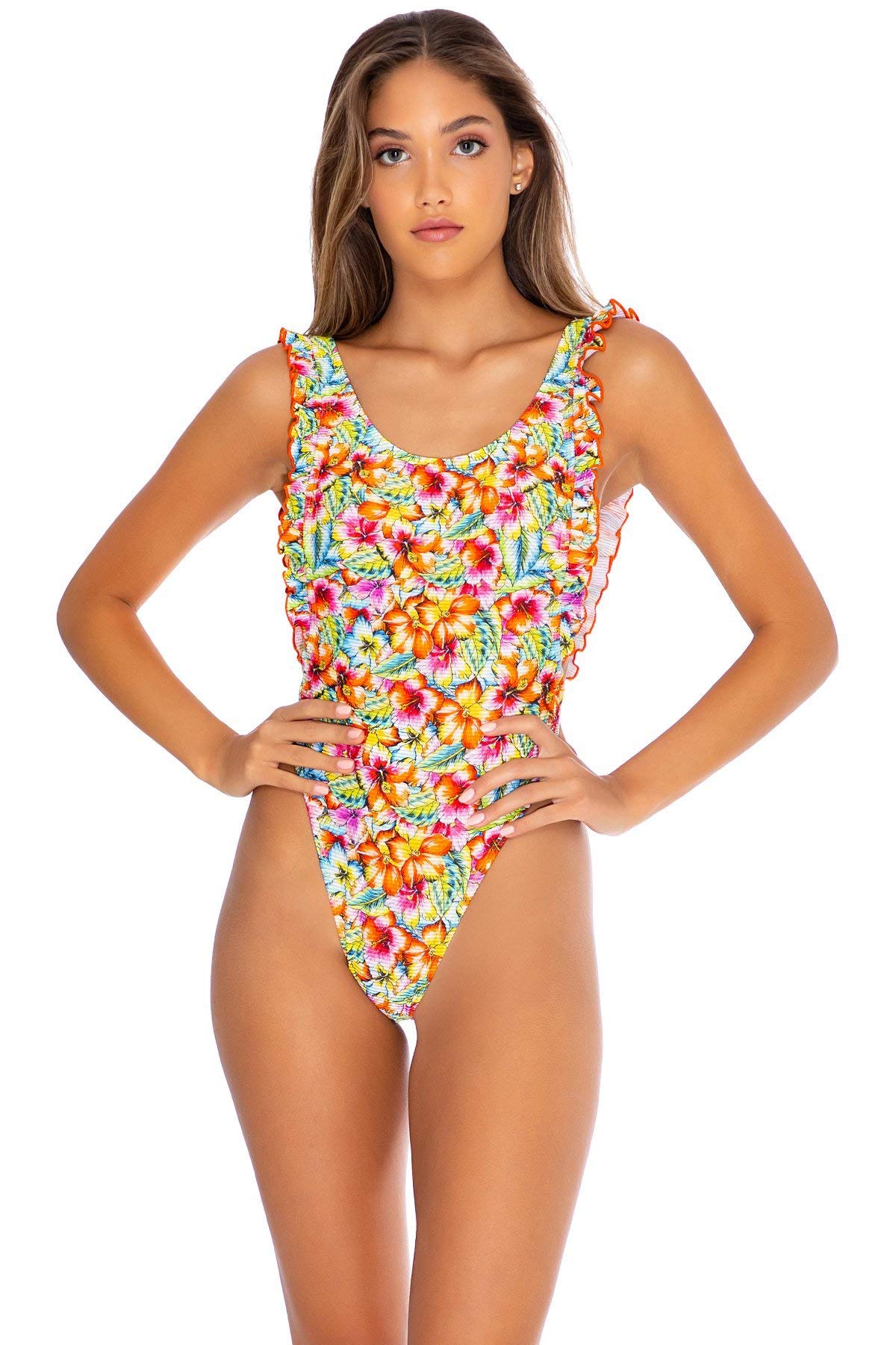 Luli Fama Wild Flower Open Side Thong One Piece Swimsuit - Sexy Tank Bikini Bodysuit for Women, Perfect for Beach, Pool Party & Summer Vacation