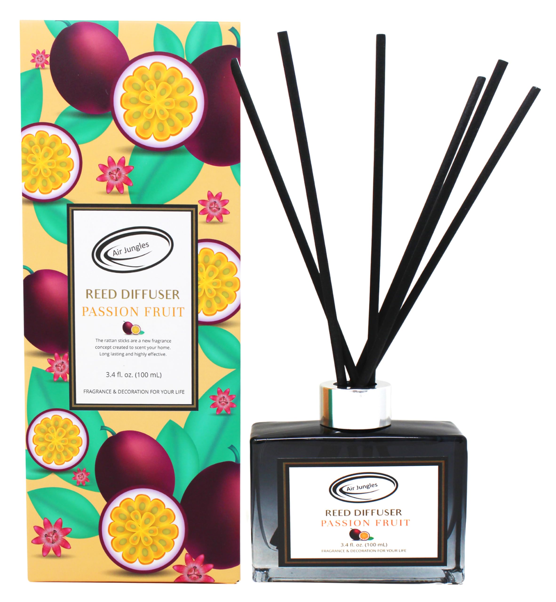Air Jungles Passion Fruit Reed Diffuser Set with 10 Rattan Sticks - 3.4 fl oz Essential Oil Room Fragrance for Home, Office, Gym & Spa - Long-Lasting Aromatherapy for Relaxation & Stress Relief