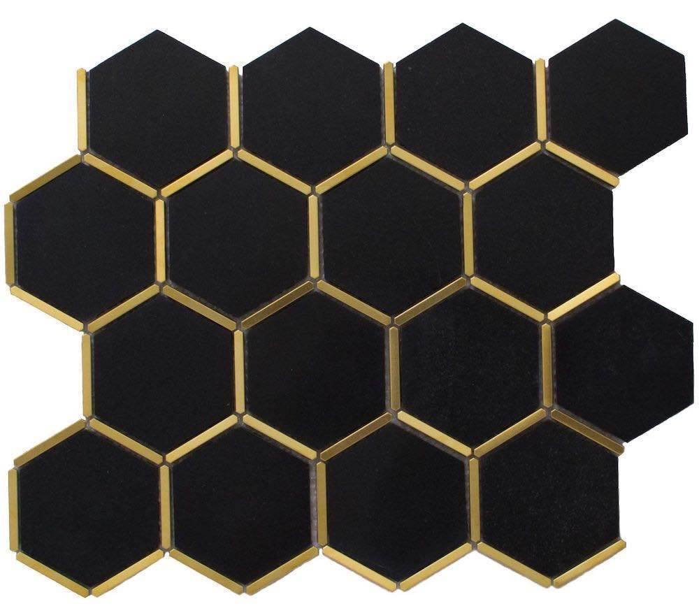 Premium Inlay Brass Gold Hexagon Black Tile - Elegant Mosaic for Kitchen Backsplash, Bathroom Wall, and Floor Decor