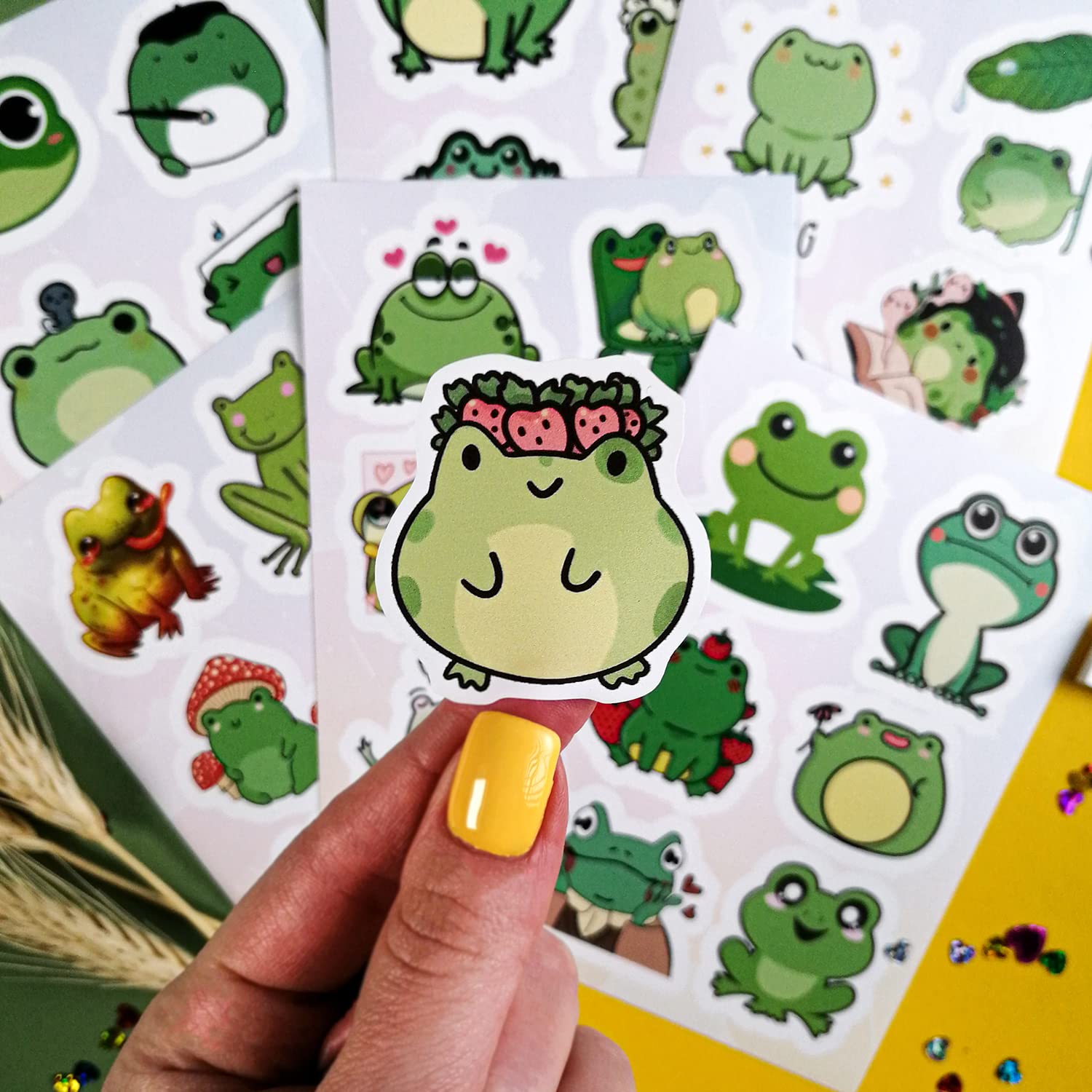 BulbaCraft Kawaii Frogs Stickers Set - 50 Pcs Cute Green & White Vinyl Decals for Kids | Waterproof, Scratch Resistant | Perfect for Water Bottles, Laptops, Scrapbooks, Journals & DIY Crafts | Fun Frog-Themed Decorations for School, Home & Office Use
