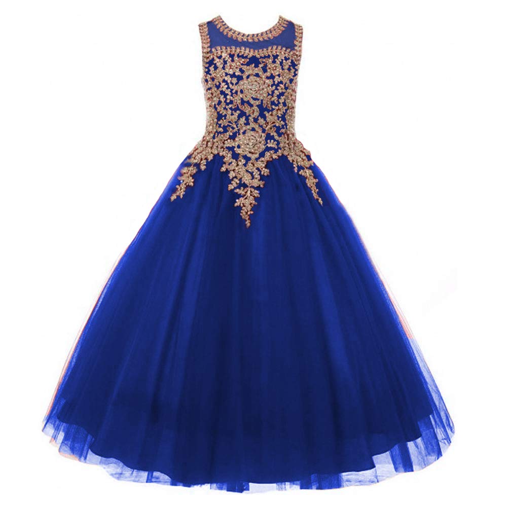 Elegant Gold Lace Burgundy Tulle Pageant Dress for Girls - Formal Long Prom Ball Gown for Special Occasions, Weddings & Dance Performances