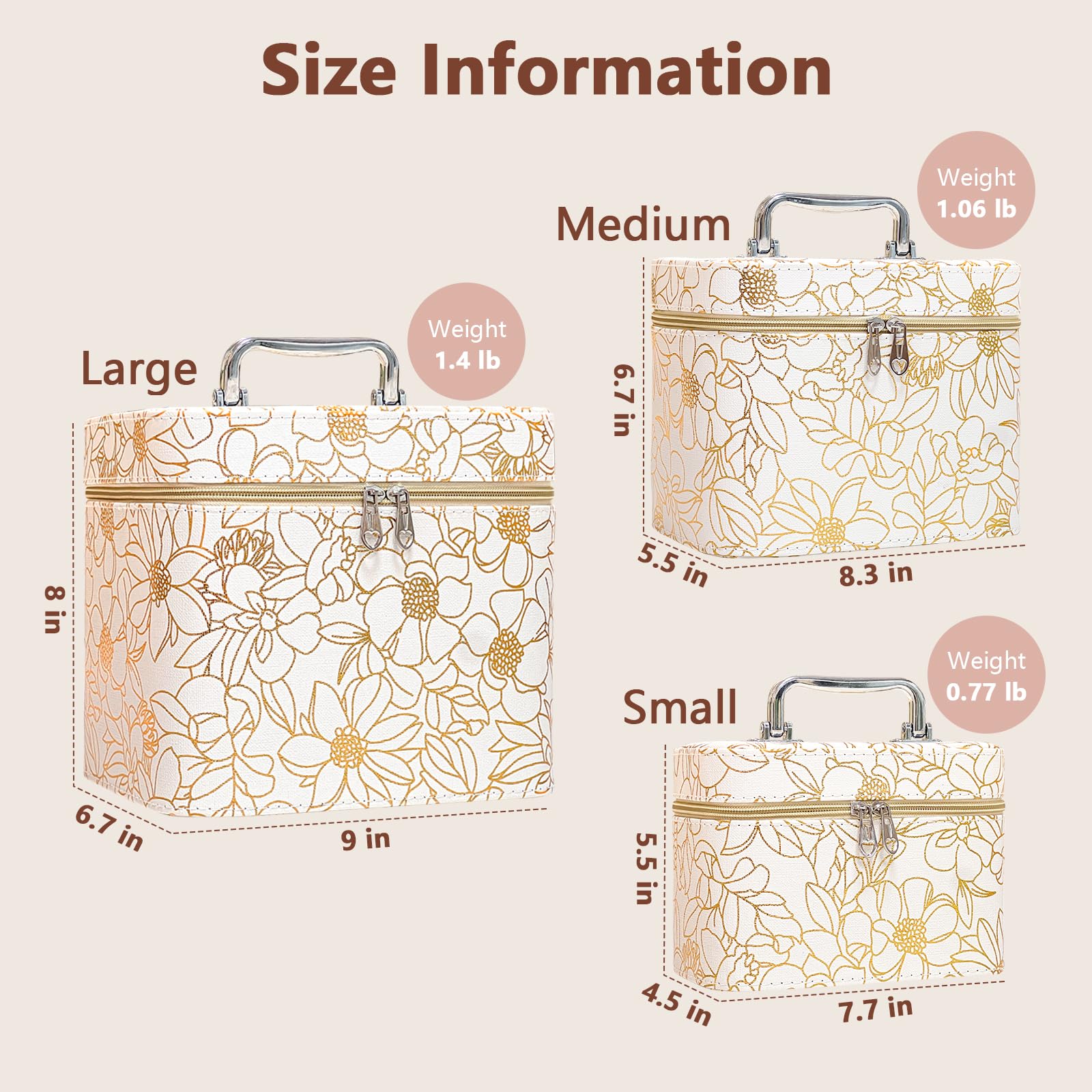 Weiwei 3-Piece Travel Makeup Train Case Set - Large Waterproof Flower Leather Cosmetic Organizer Bag with Mirror for Women | Perfect for Travel, Gym & Daily Use (White)