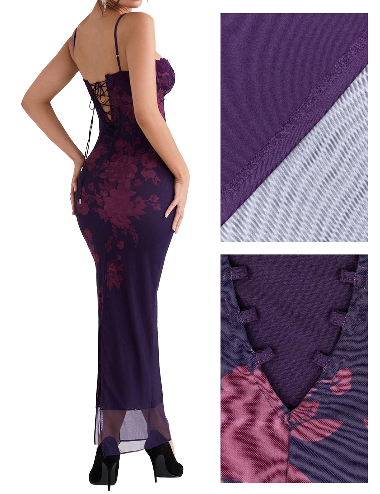 Sexy Backless Satin Maxi Dress for Women - Floral Print Spaghetti Strap Long Dress, Slim Fit Elegant Evening Gown for Night Parties, Date Nights & Special Occasions