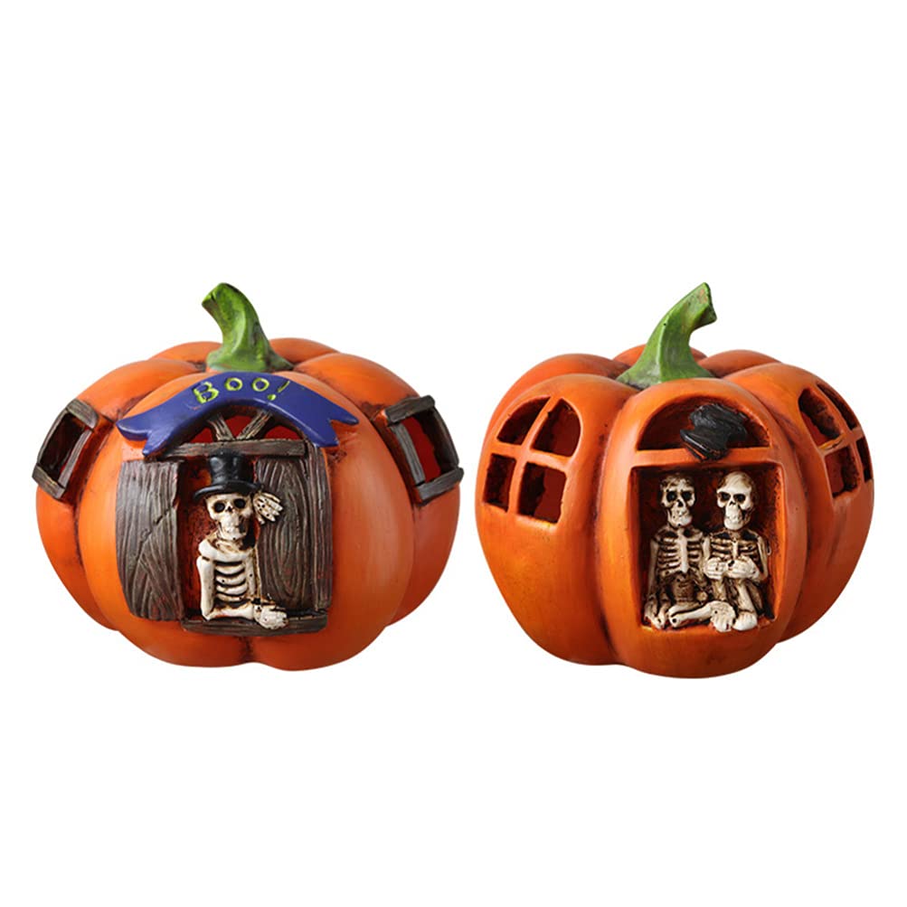 Garneck 2-Pack Halloween Pumpkin LED Skeleton Skull Night Light - Resin Window Desk Lamp for Spooky Party Decor, Haunted House Lighting & Seasonal Home Decoration