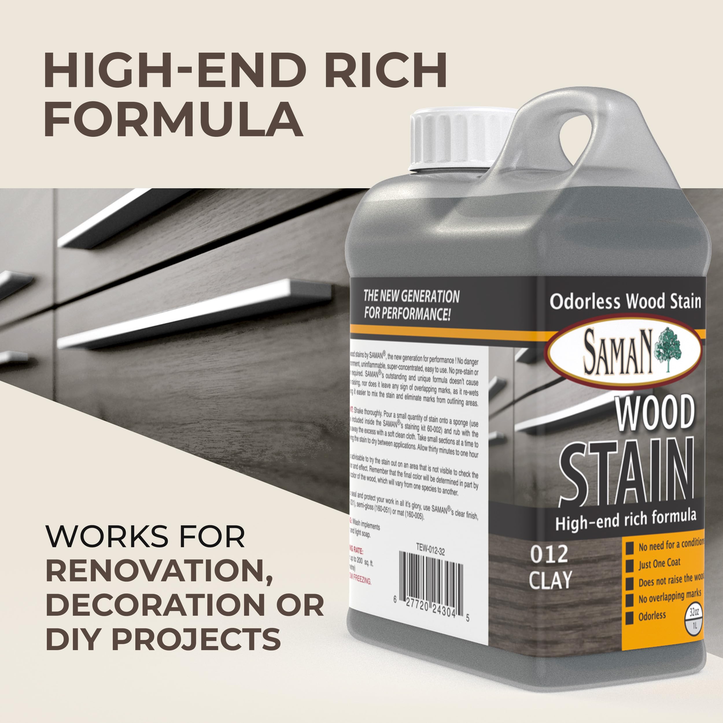SamaN Interior Water Based Wood Stain - Natural Wood Stain for Furniture, Moldings, Paneling, Cabinets - Clay TEW-012-32 (32 oz) - Perfect for DIY Home Decor, Woodworking & Furniture Restoration Projects
