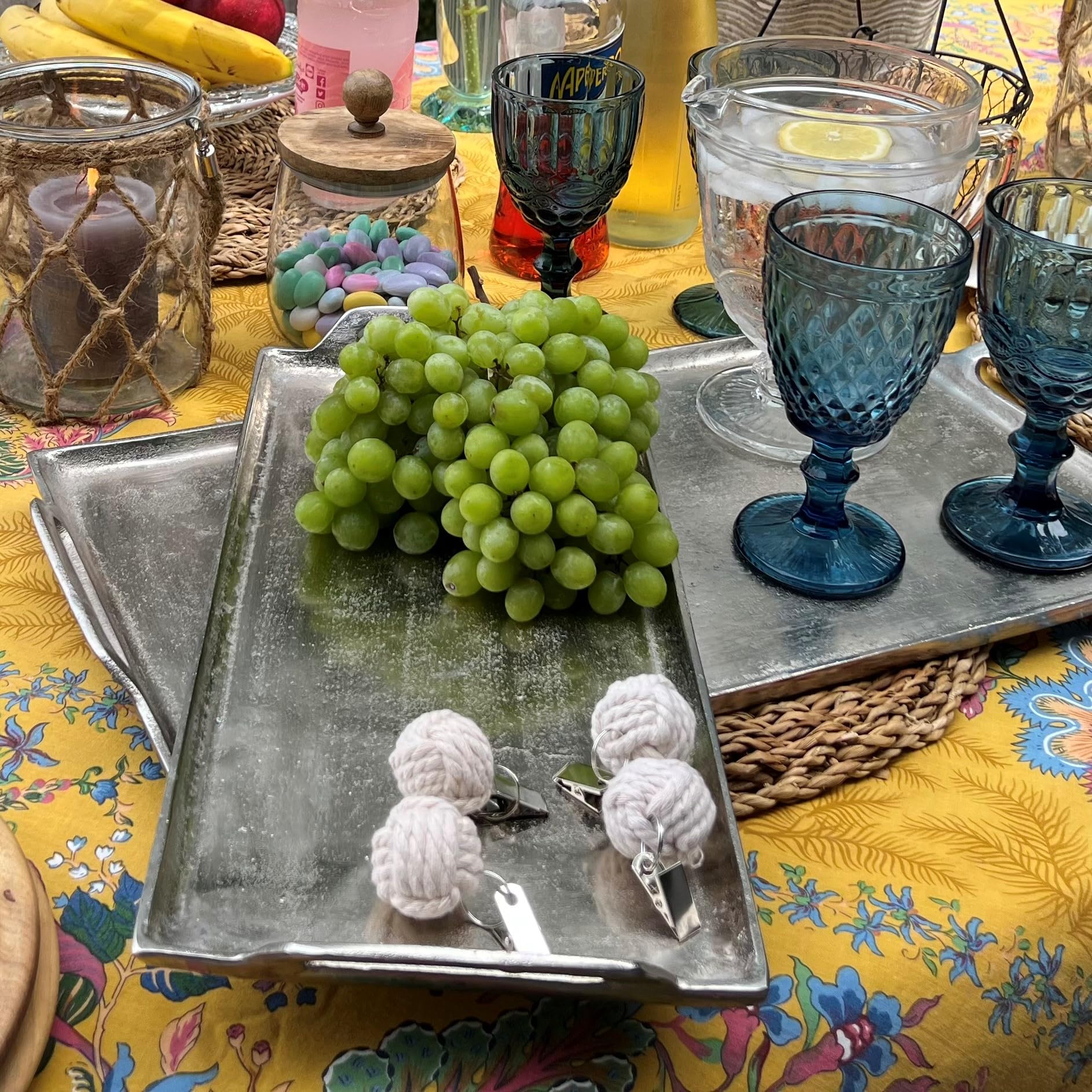Premium Nautical Knot Tablecloth Weights Set of 4 - Jute Rope Monkey Fist Design with Silver Metal Clips (1.75