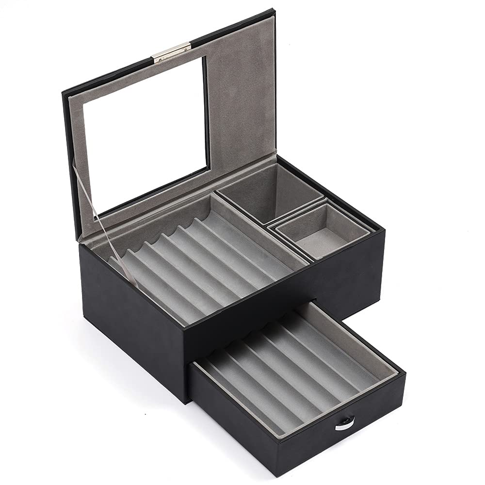 LYNICESHOP 2-Layer Large Pen Display Box with Glass Window - 14 Slot Pen Organizer & 2 Ink Bottle Storage - Wooden Leather Pen Holder for Fountain Pens, Calligraphy & Collectibles - Perfect for Artists, Writers & Pen Enthusiasts