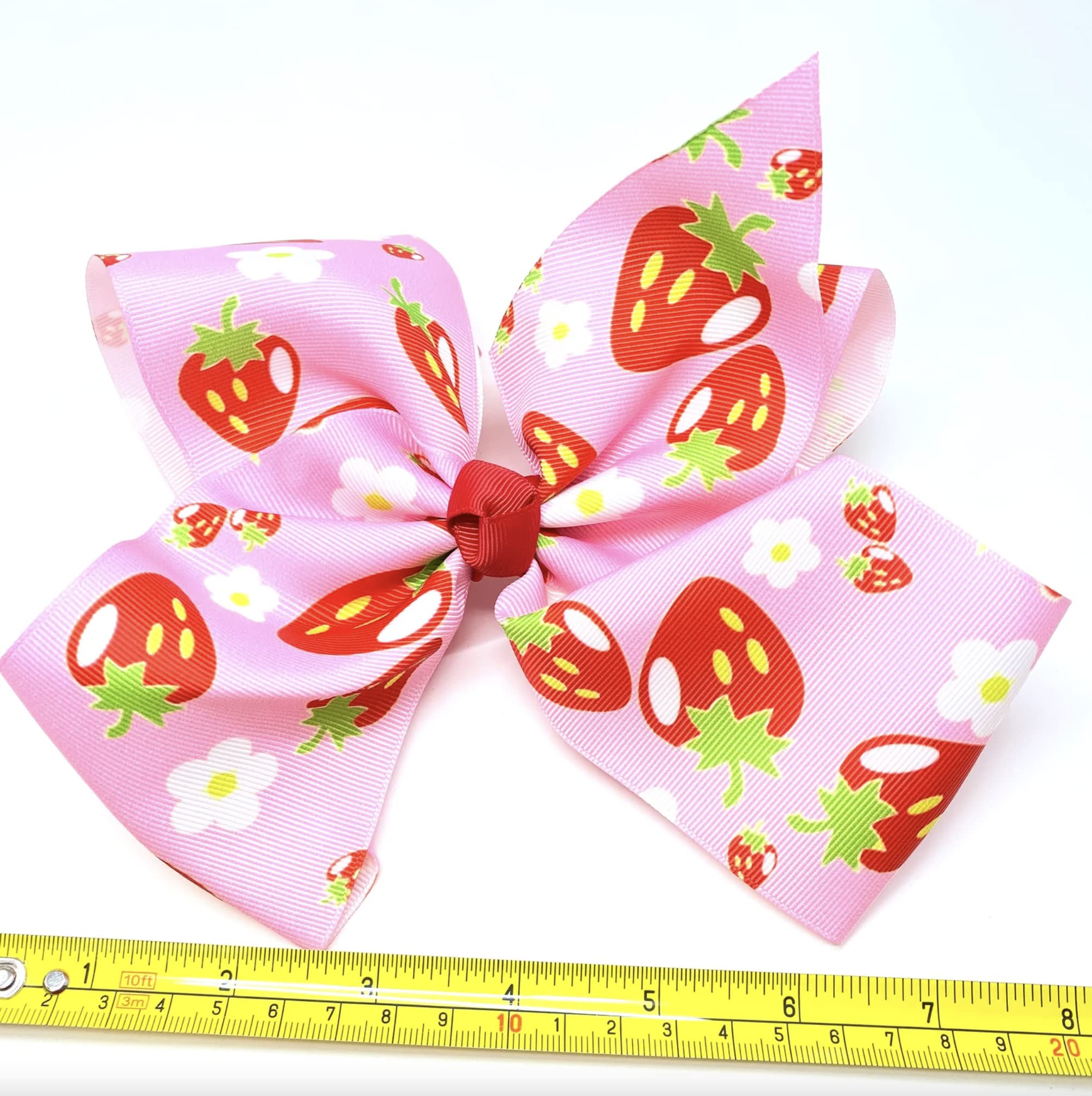 8-Inch Jumbo Handmade Grosgrain Ribbon Hair Bow with Alligator Clip - Pink Strawberry Design for Women & Girls | Perfect for Parties, Weddings, and Everyday Hair Accessories