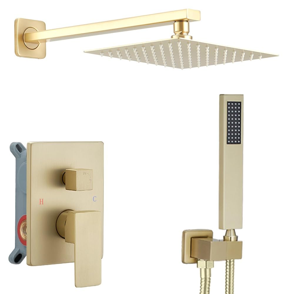 Luxury Brushed Gold Shower System - Wall Mounted Rainfall Shower Head Combo Set with Mixer Valve & Trim Kit | Perfect for Modern Bathroom & Spa Experience