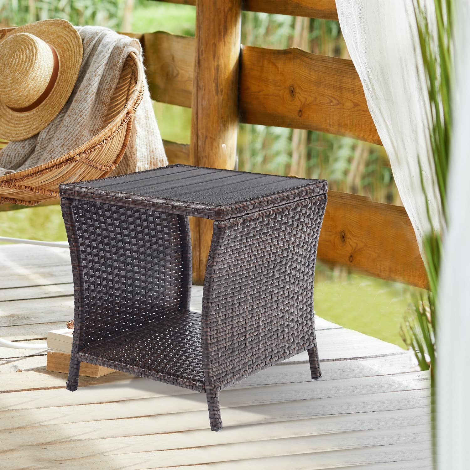 Brown Rattan Wicker Outdoor Side Table with Poly Lumber Top & Storage - Patio Coffee Table, Balcony End Table for Garden, Porch, Deck, Backyard & Living Room | Perfect for Outdoor Relaxation, Coffee Time & Small Space Storage