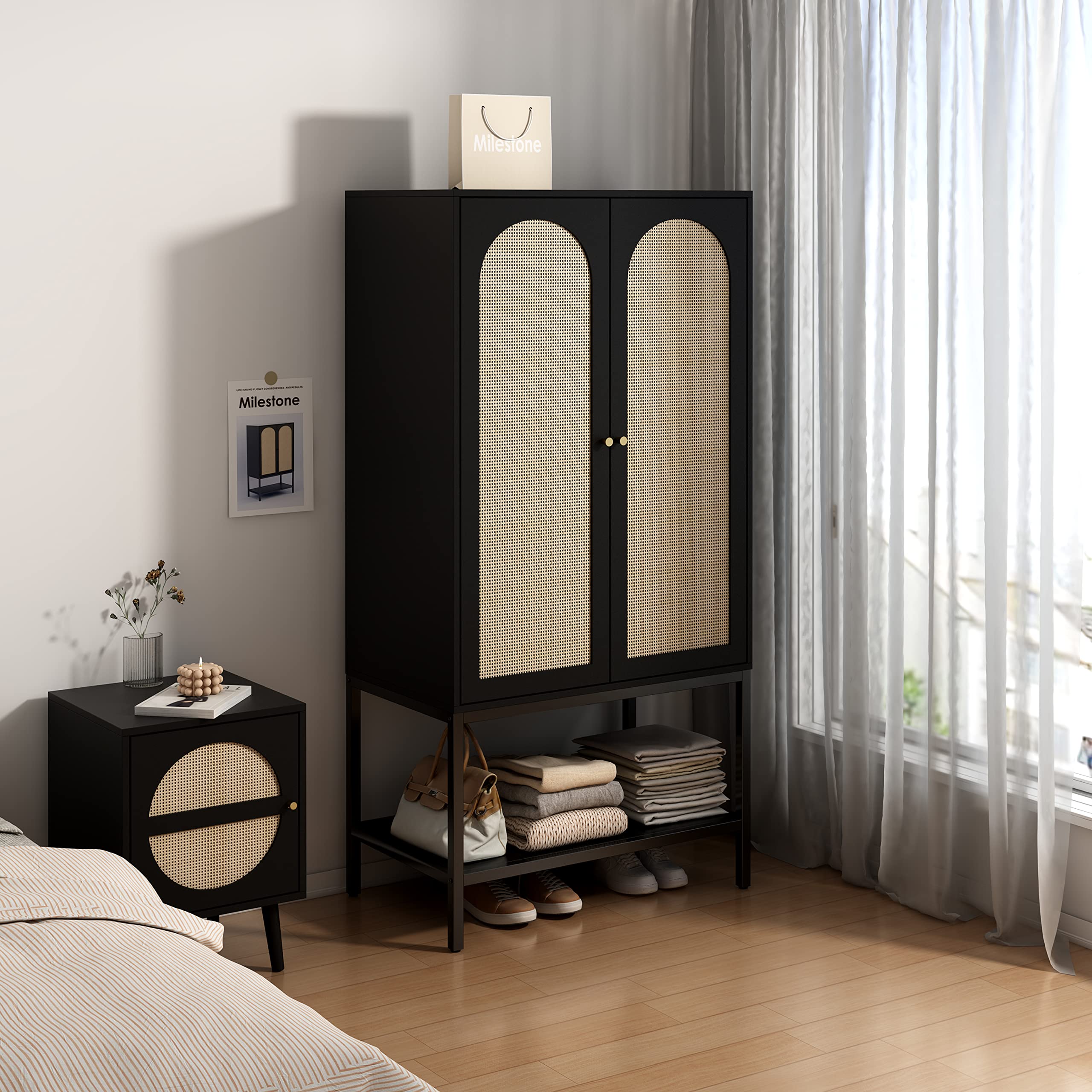 Rattan Freestanding Wardrobe Closet with Storage Cubes & Hanging Rod - 2-Door Black Bedroom Armoire for Clothes Storage | Perfect for Small Spaces, Dorm Rooms & Apartment Organization