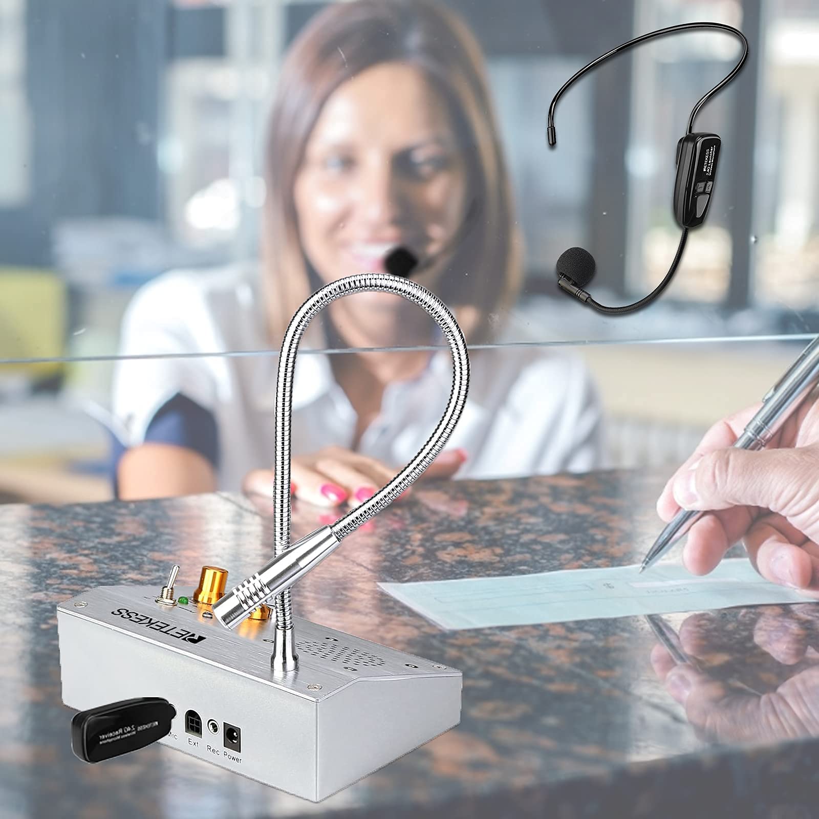 Retekess TW103 Window Speaker with TT123 Wireless Microphone Headset - Dual Way Voice Intercom System for Business, Office, Bank Counter, School & Station - Clear Communication Solution for Customer Service, Security & Public Announcements