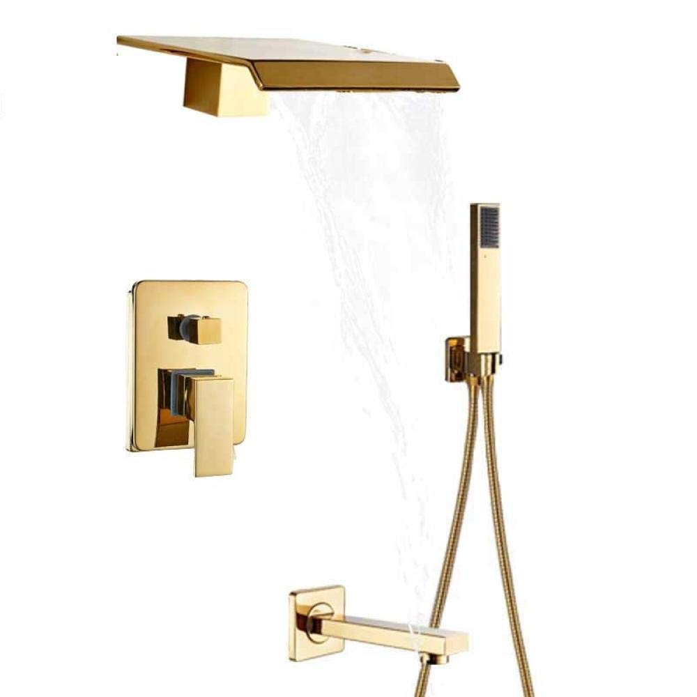 Golden Waterfall Shower Faucet Set - Wall Mounted Bathroom Mixer Tap with Hand Shower - Modern Matte Black Bathroom Fixture for Spa-Like Shower Experience