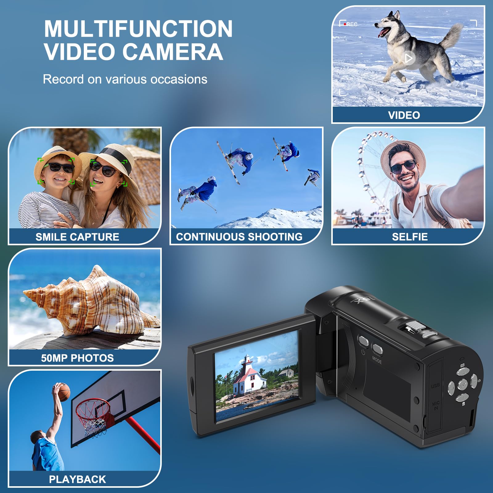 2.7K QHD 50MP Video Camera Camcorder with 16X Zoom & 270° Rotatable 2.8
