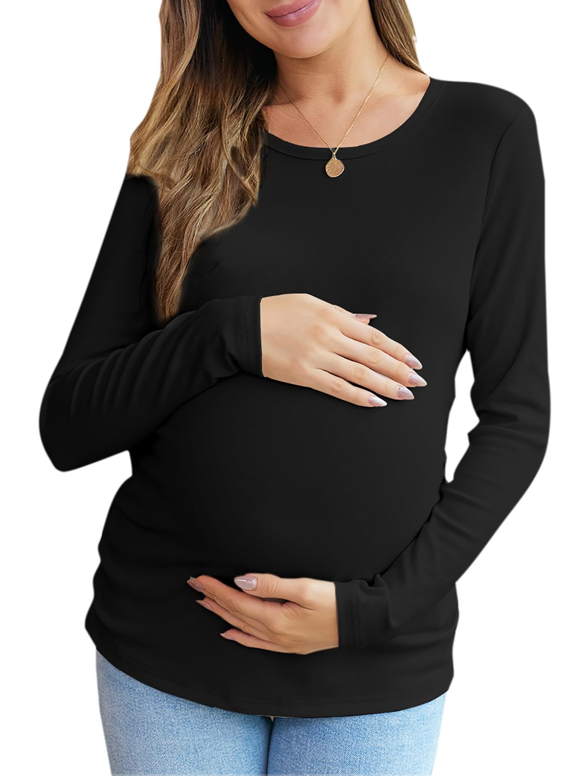 Maternity Long Sleeve Ribbed Knit Blouse for Women - Slim Fitted Crew Neck Pregnancy Top with Side Ruched Design | Perfect for Fall Season, Workwear & Casual Outfits