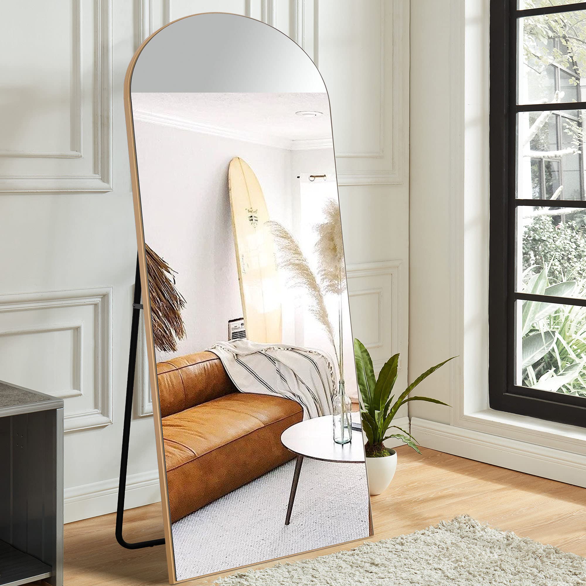 NeuType 71x28 Inch Arched Full Length Mirror - Large Gold Wood Frame Wall/Floor Mirror with Stand for Bedroom, Living Room & Dressing Room | Hanging, Leaning or Standing Full Body Mirror for Home Decor & Outfit Check