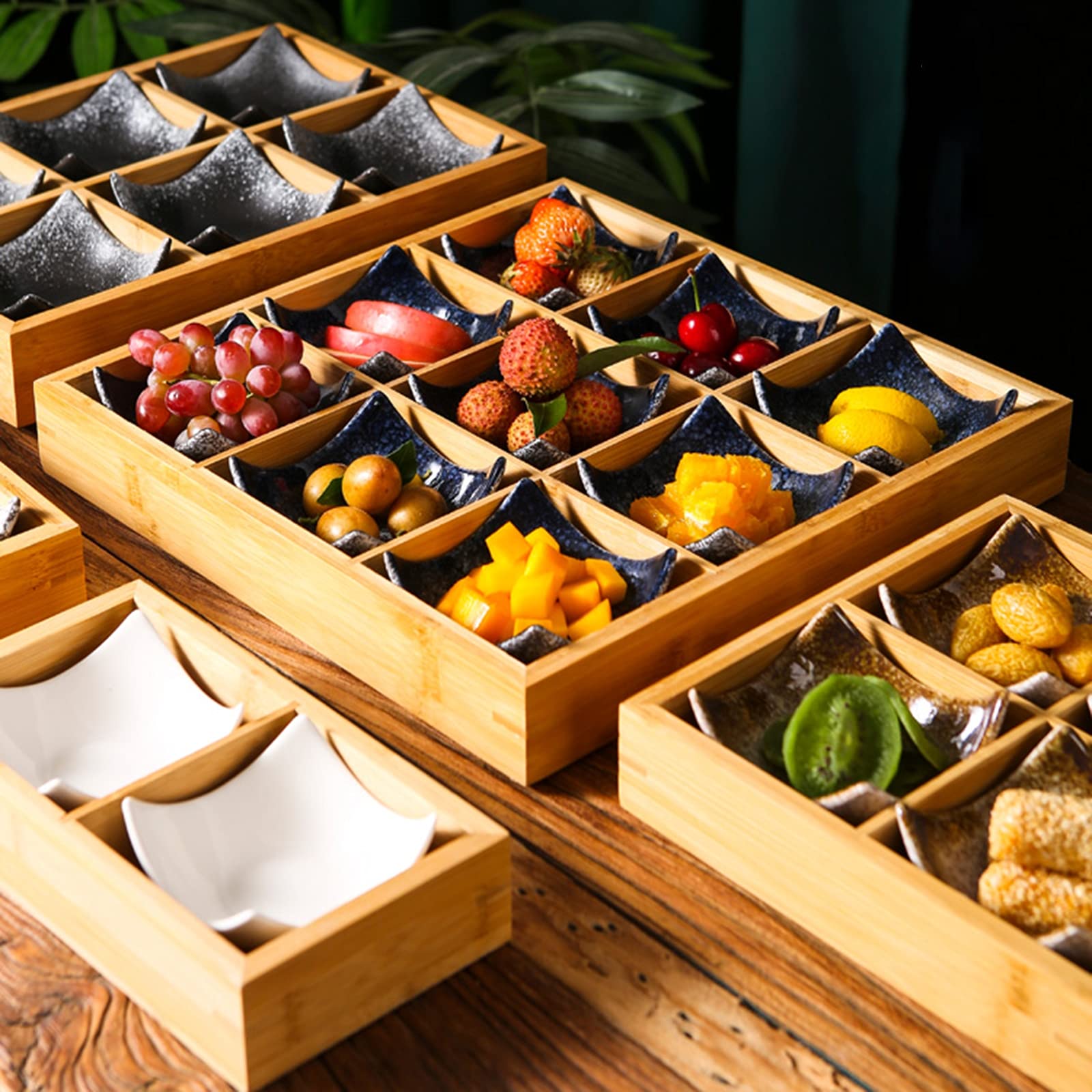 AIZYR Wooden Bamboo Serving Tray with Ceramic Plate - Elegant Food Tray for Snacks, Desserts, Fruits, Appetizers & Condiments - Perfect for Home, Kitchen, Party & Restaurant Use