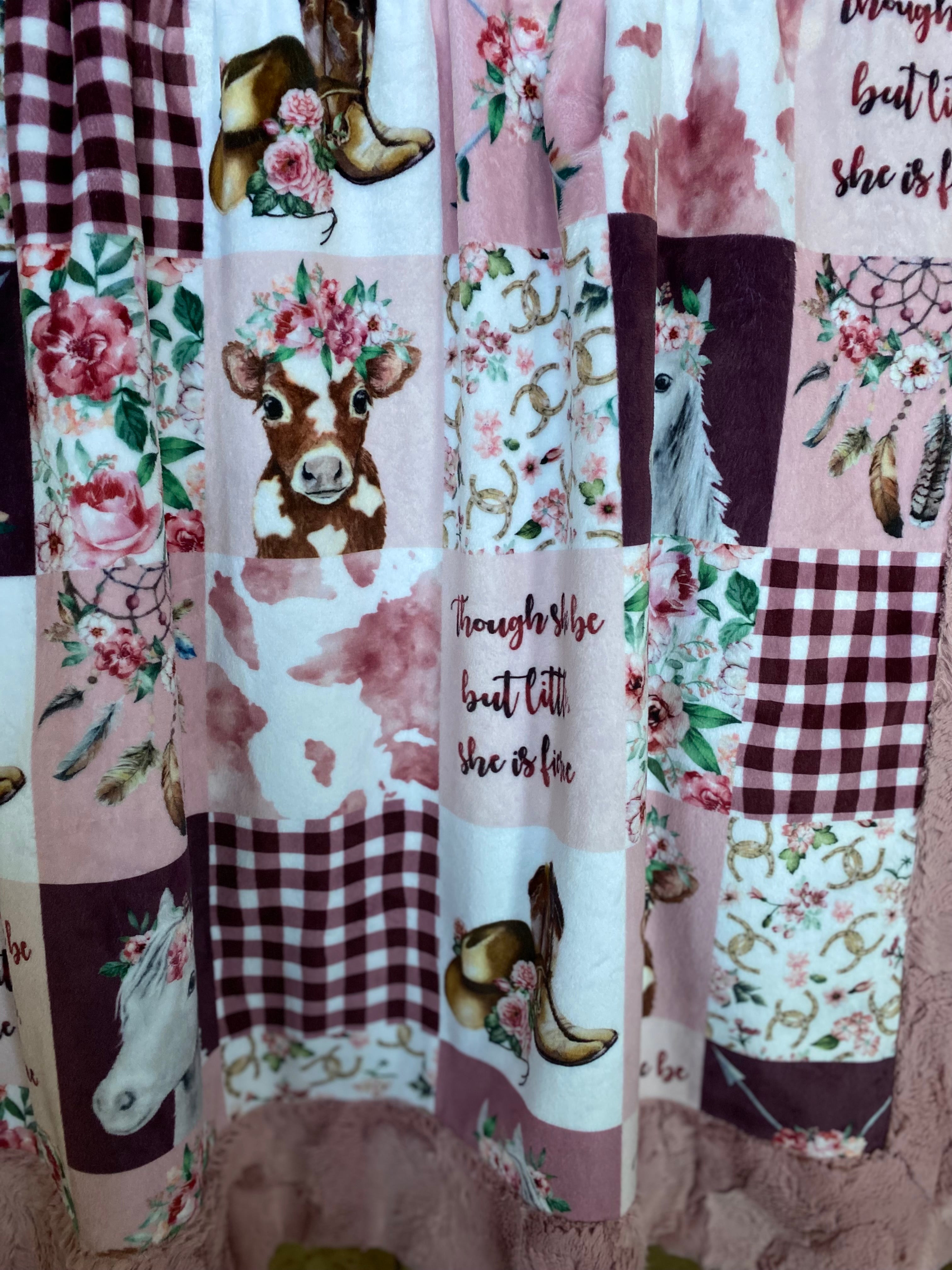 Soft Rosewater Minky Baby Blanket 37x39 Inches with Matching 13x18 Pillowcase - Cozy Cowgirl Themed Nursery Blanket for Cuddling, Swaddling & Photo Props