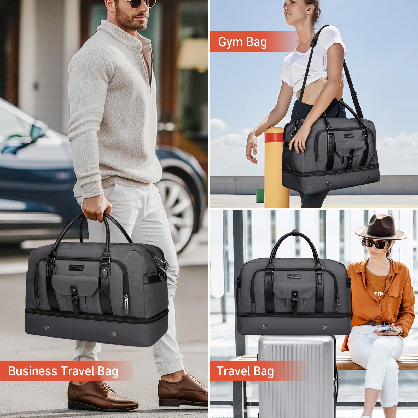 WITZMAN Weekender Travel Duffle Bag for Men & Women - Carry On Overnight Bag with Toiletry Pouch & Shoe Compartment (B694 Silvery Grey) - Perfect for Gym, Business Trips & Weekend Getaways