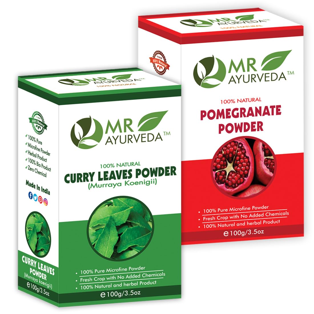 Organic Curry Leaves Powder & Pomegranate Peel Powder Combo - 2 Pack (200g Each) | Ayurvedic Herbal Supplement for Hair Growth, Skin Care & Digestion | Perfect for Cooking, Tea & DIY Beauty Recipes