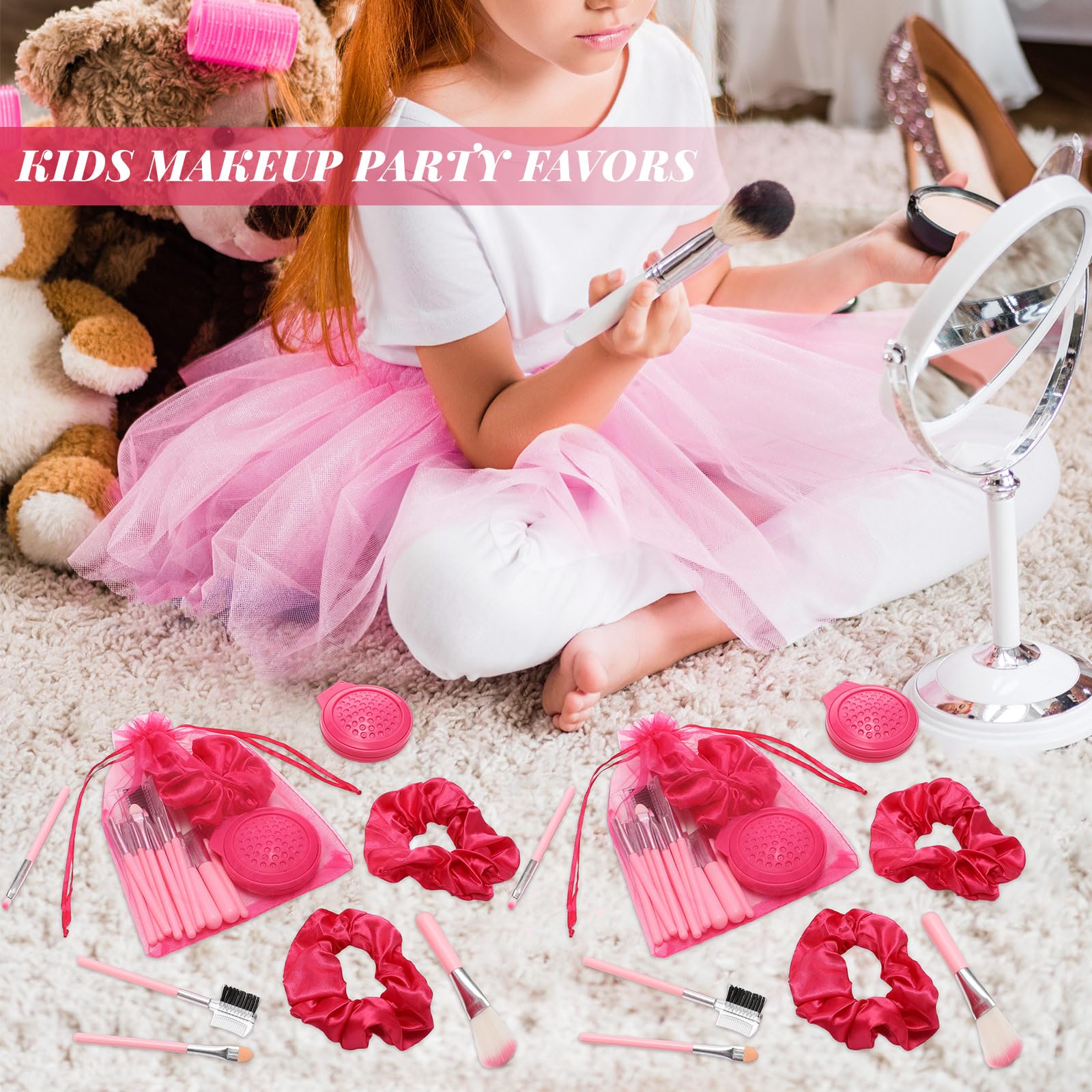 Pink Girls Party Favors Set - 48 Pcs Makeup Kit with Gauze Bags, Hair Scrunchies, Foldable Mirror & Brushes - Perfect for Birthday Parties, Sleepovers, Dress-Up Play and Gift Bags