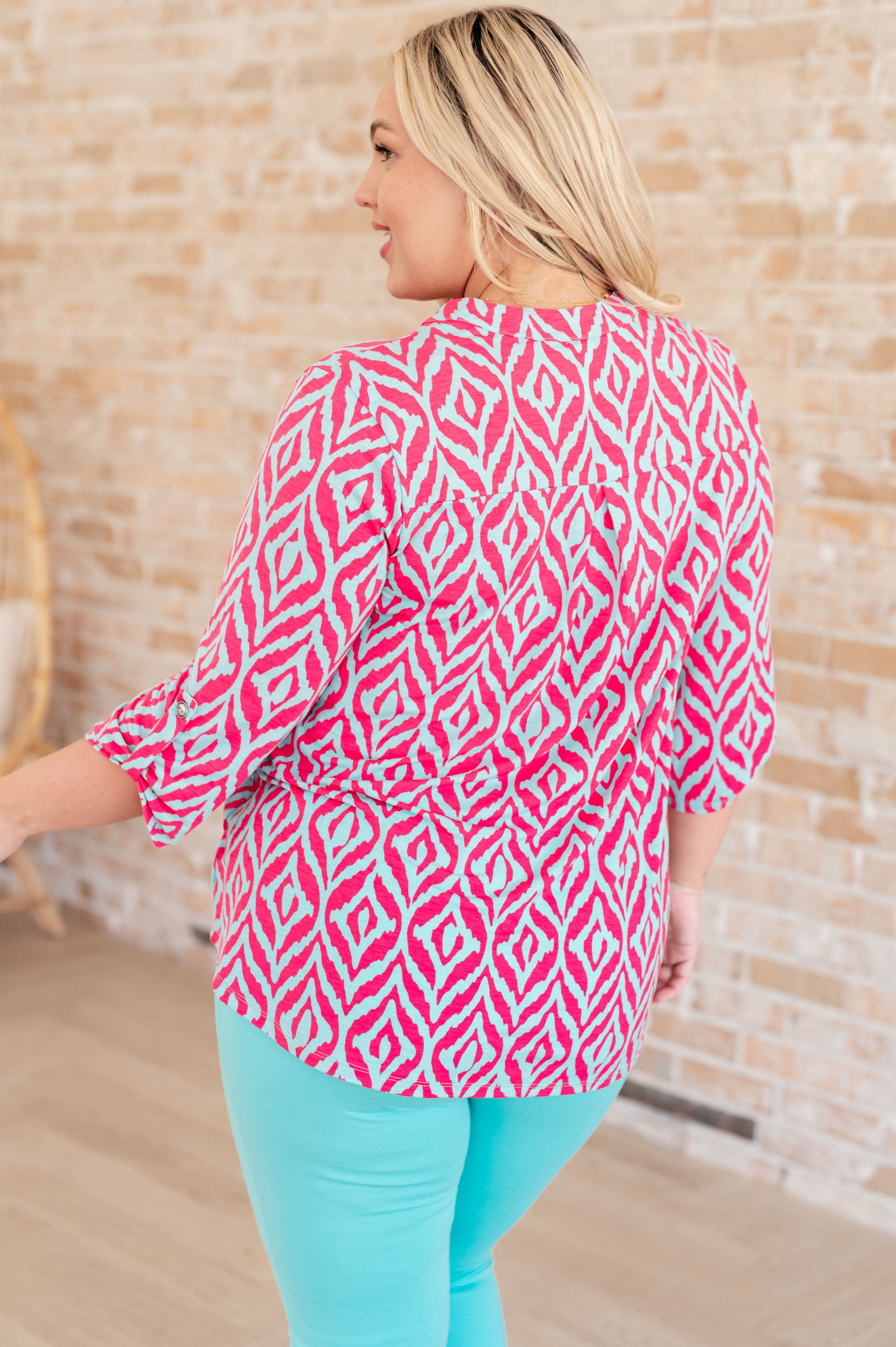 Lizzy Top Women's Short Sleeve Blouse in Mint & Pink Ikat Print - Perfect for Summer Outfits, Casual Wear & Boho Style