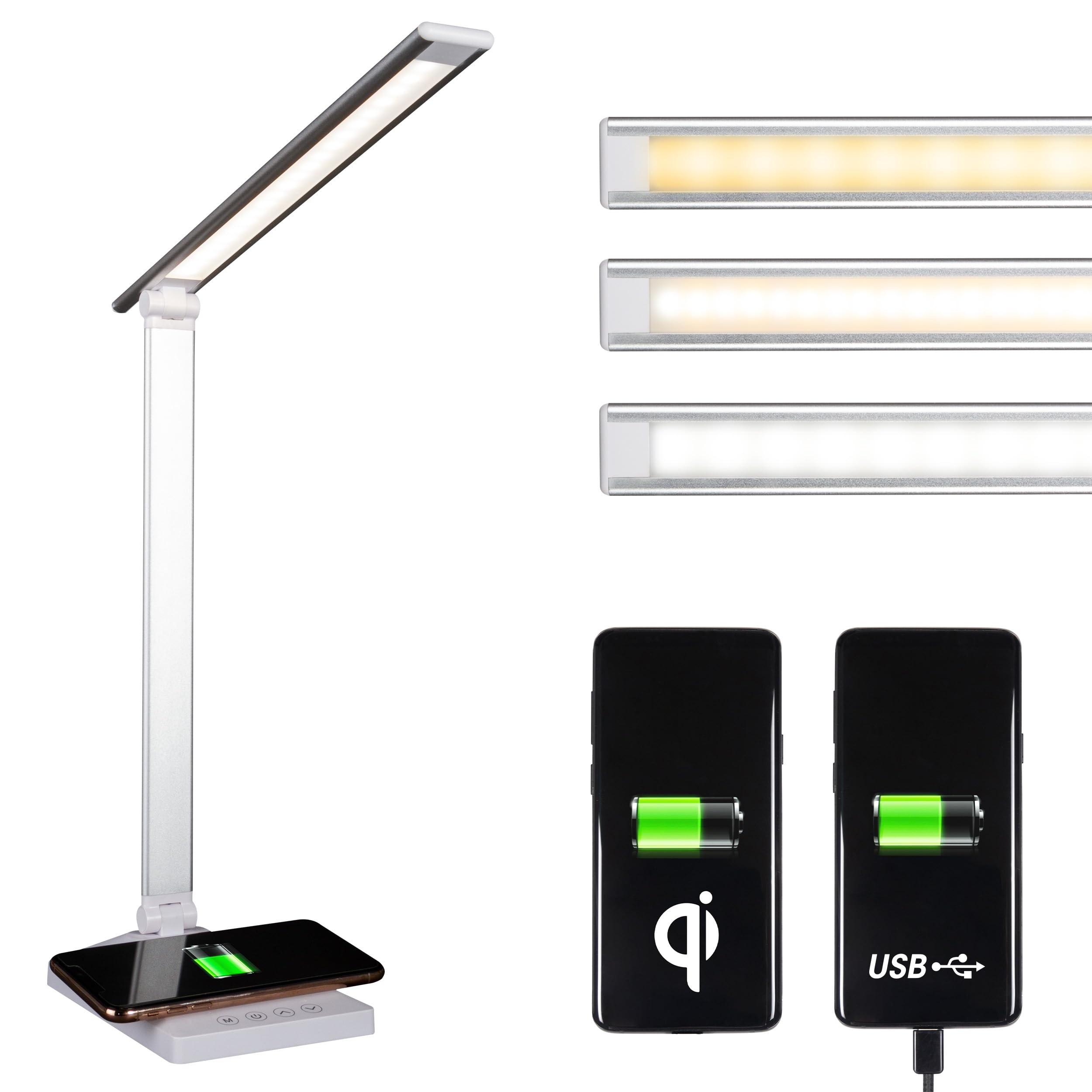 OttLite Entice LED Desk Lamp with Wireless Charger & USB Port - Adjustable Foldable Arm, 3 Color Temperatures, Touch Controls - Perfect for Home Office, Reading, Studying & Nightstand Lighting