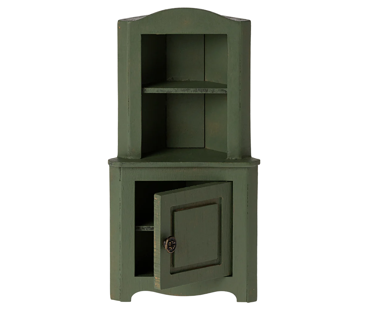 Stylish Dark Green Corner Cabinet with Maileg Mouse Design - Perfect for Small Space Storage & Kids' Room Decor