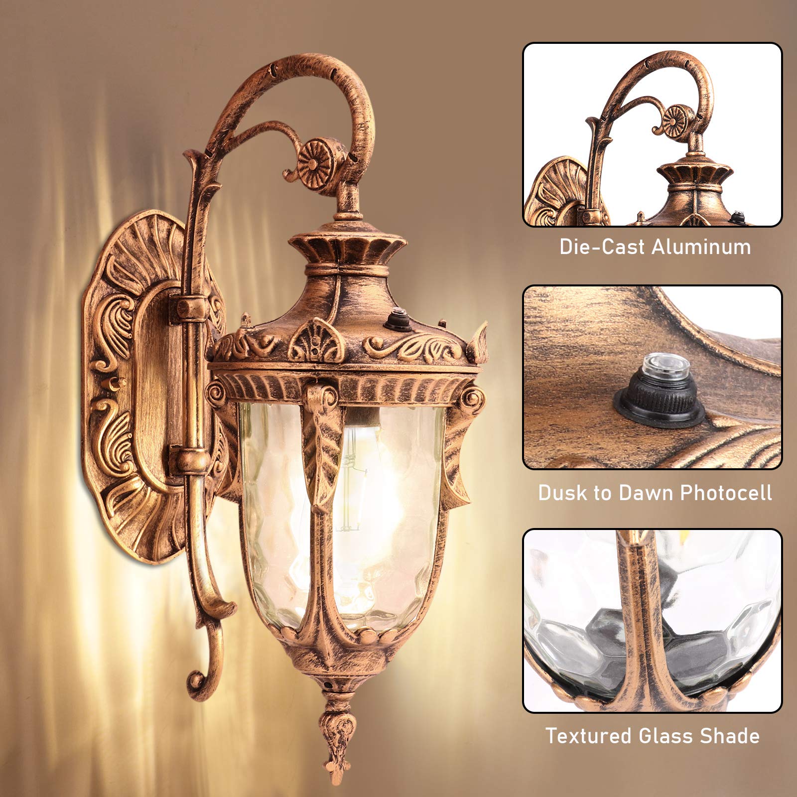 Dusk to Dawn Outdoor Wall Lights - Gold Exterior Light Fixture with Motion Sensor, Weatherproof Porch Light for Entrance, Garage & House (Gold) | Perfect for Doorway Lighting, Patio & Backyard Security