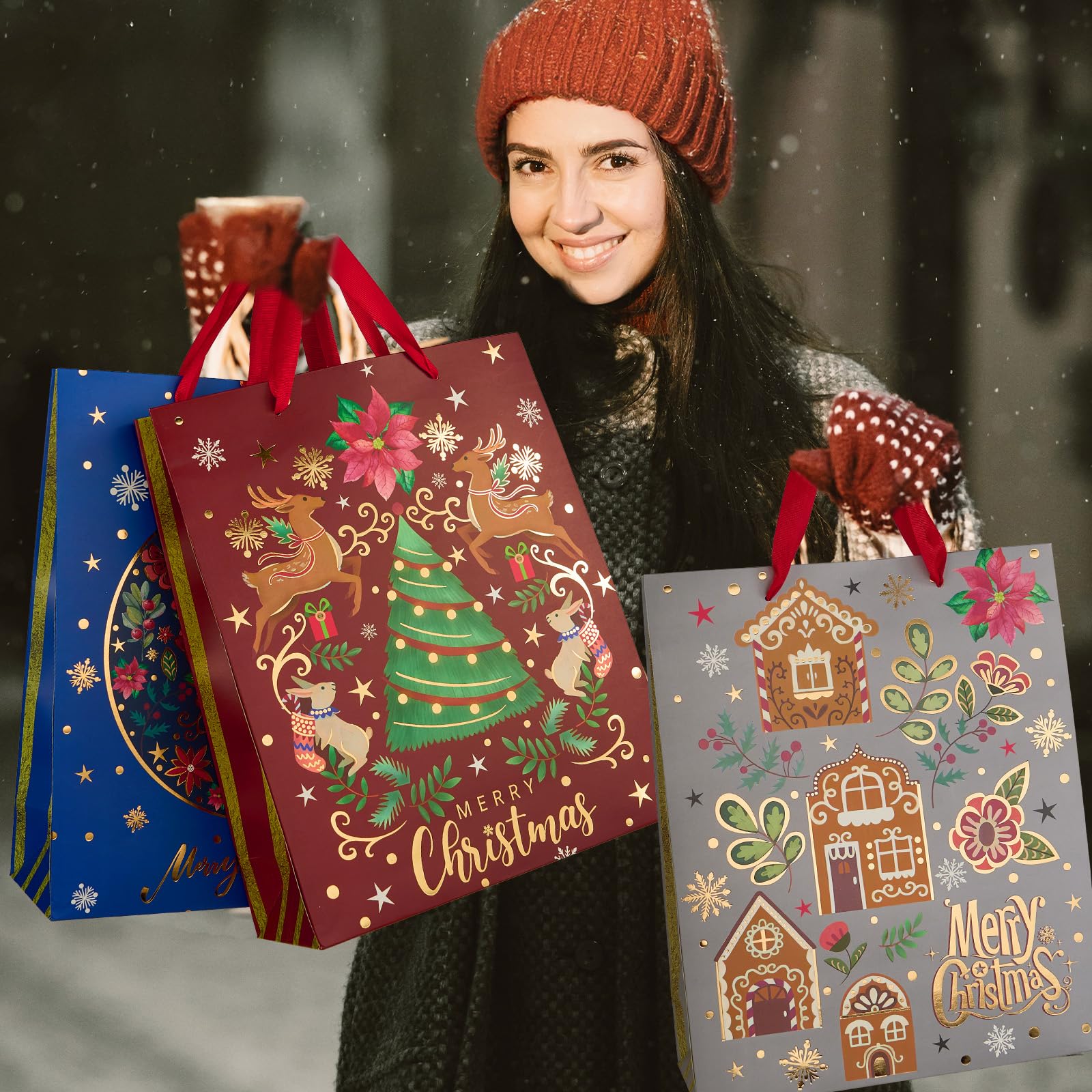 12Pcs Red Green Metallic Gold Christmas Gift Bags Bulk - Large 12.5x10.5 Inch Holiday Gift Wrap Bags with Gilded Xmas Tree, Gingerbread & Reindeer Designs - Foiled Mistletoe Favor Bags for Christmas, New Year, Office Parties & Holiday Gift Exchanges