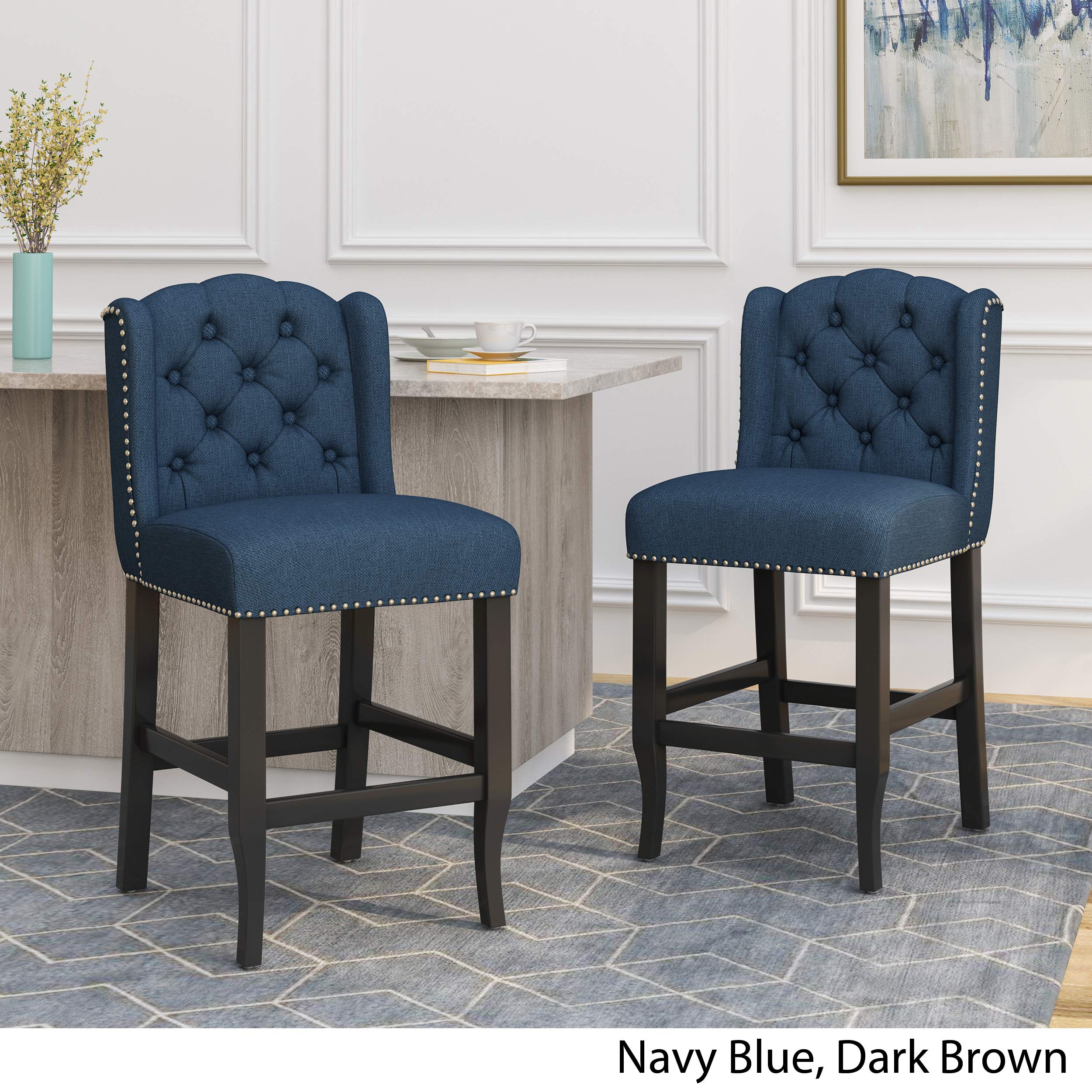 GDFStudio Navy Blue & Dark Brown Counter Stool - 24