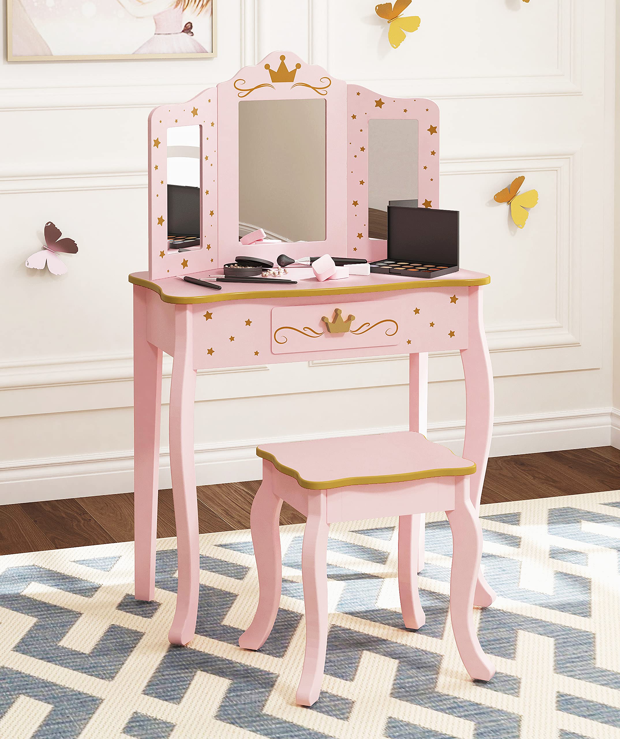 UTEX Kids Vanity Set with Mirror & Stool - Pink Pretend Play Makeup Dressing Table with Drawer for Little Girls | Perfect for Birthday Gifts, Role Play & Bedroom Decor