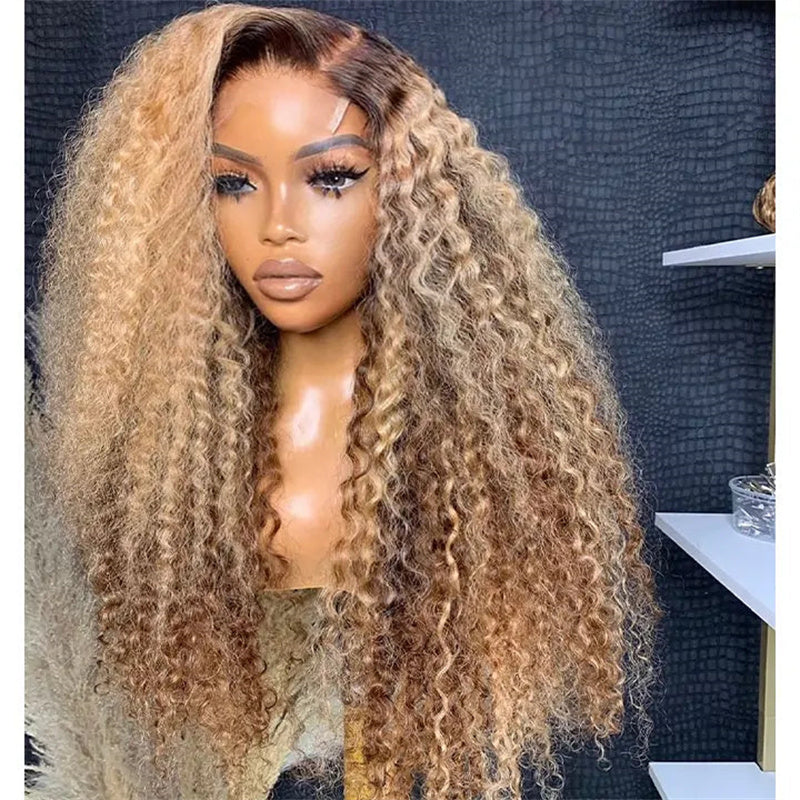 Eullair Ombre Honey Blonde Kinky Curly Lace Frontal Wig - Glueless Human Hair Lace Wig with Highlights for Women | Perfect for Daily Wear, Parties & Special Occasions