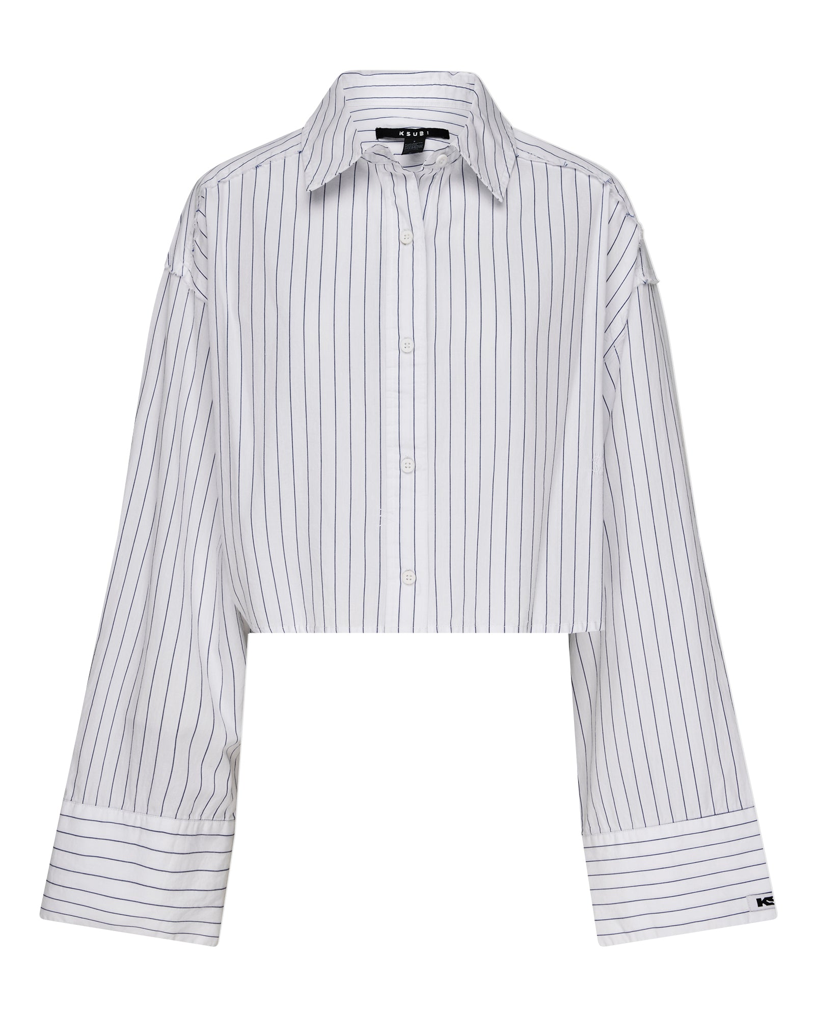 Cropped Astra Long Sleeve Shirt - Blue Stripe Casual Top for Women | Perfect for Office, Date Night & Weekend Outings