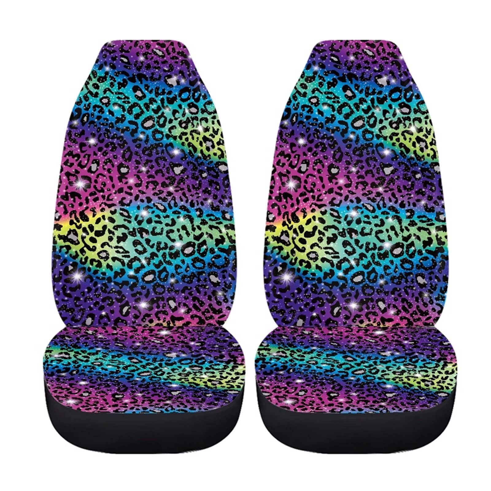 Rainbow Glitter Leopard Print Car Seat Covers Full Set - Universal Fit Front & Rear Split Bench Cheetah Design Car Seat Protectors for Cars, SUVs & Trucks - Stylish Interior Upgrade for Women & Teens