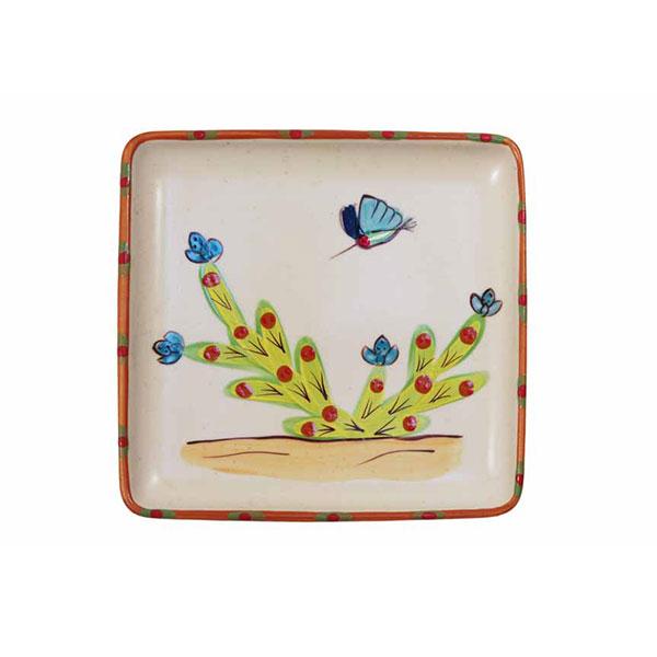 Square Platter with Hummingbird Blue Blossoms Design | Sonoran Desert Inspired Ceramic Serving Tray | Perfect for Dinner Parties, Appetizers & Home Decor