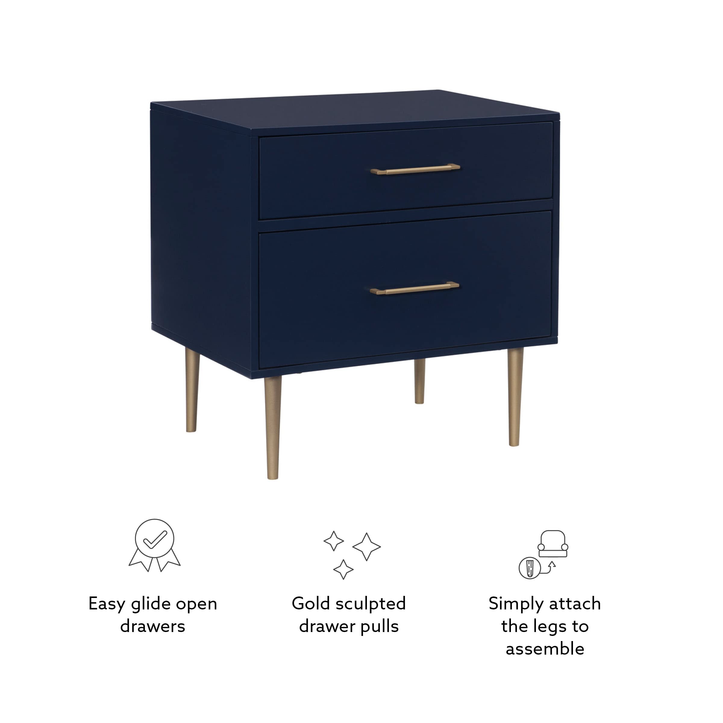Linon Lennon Modern Navy Nightstand with Gold Hardware - 2 Drawer Bedside Table for Bedroom, Living Room & Office Storage