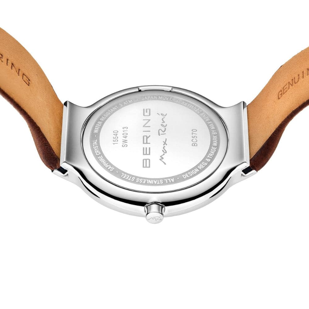 Bering Max Rene Men's Watch - White Dial with Genuine Brown Leather Strap - Model 15540 504 - Perfect for Business, Casual Wear & Special Occasions