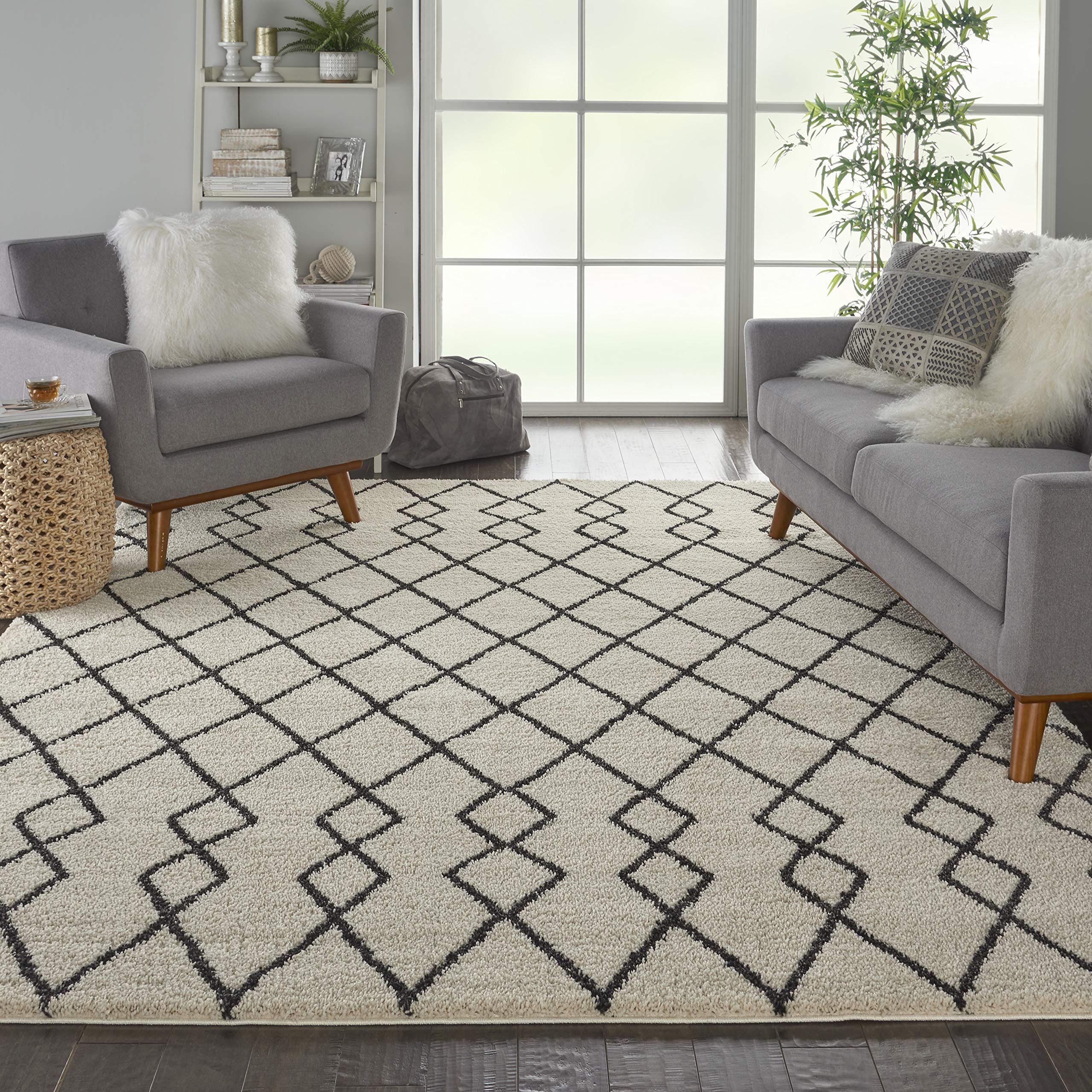 Nourison Geometric Shag Moroccan Ivory/Charcoal 8x10 Area Rug - Easy Clean, Non-Shedding, Soft & Durable - Perfect for Living Room, Bedroom, Dining Room & Kitchen Decor
