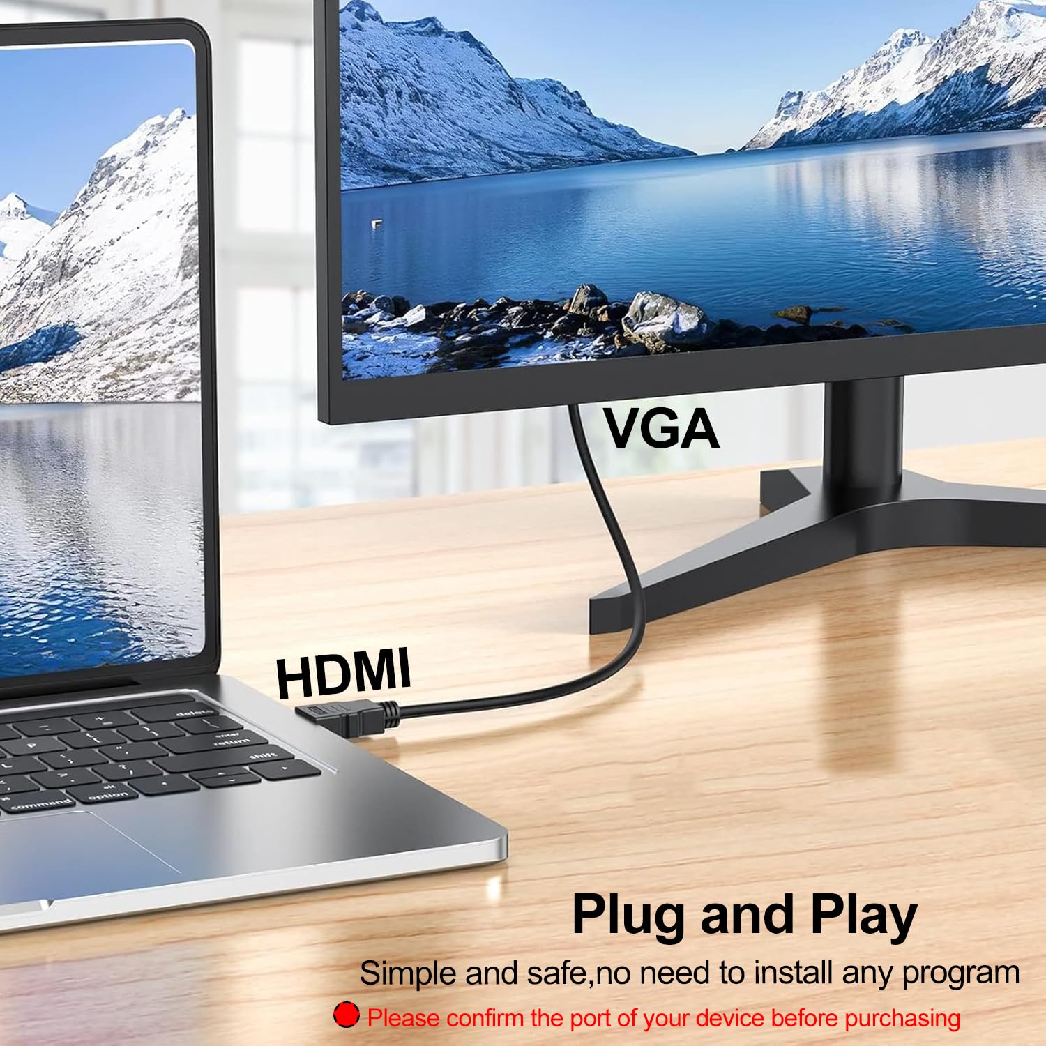HDMI to VGA Cable 3FT, Male to Male Adapter for Raspberry Pi, Roku, PC, Laptop, Monitor, Projector, HDTV - Ideal for Home Office, Classroom, and Conference Room Setups