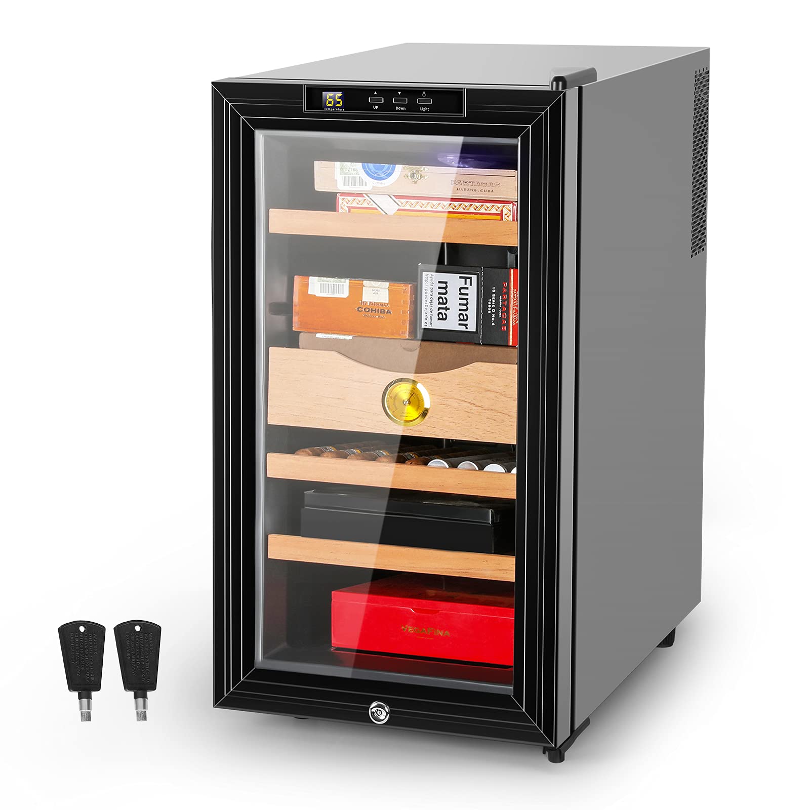 48L Large Capacity Electronic Cooler Humidor with Spanish Cedar Wood Shelves & Tray - 300 Cigar Storage, Digital Hygrometer & Lock - Perfect Gift for Men, Fathers & Husbands (Home, Office, Man Cave Use)