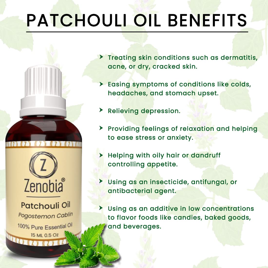 Zenobia 100% Pure Patchouli Essential Oil - Natural Therapeutic Grade for Hair, Beard, Face & Skin Care - Moisturizing Dry Skin & Body - 15ml - Perfect for Aromatherapy, Massage & DIY Beauty Products