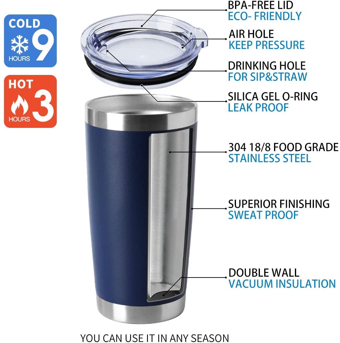 HASLE OUTFITTERS 20oz Stainless Steel Tumblers with Lid - Double Wall Vacuum Insulated Coffee Mugs for Hot & Cold Drinks - Keeps Beverages Hot/Cold for Hours - Perfect for Office, Travel, Camping & Outdoor Activities (20oz-Navy, 12 Pack)