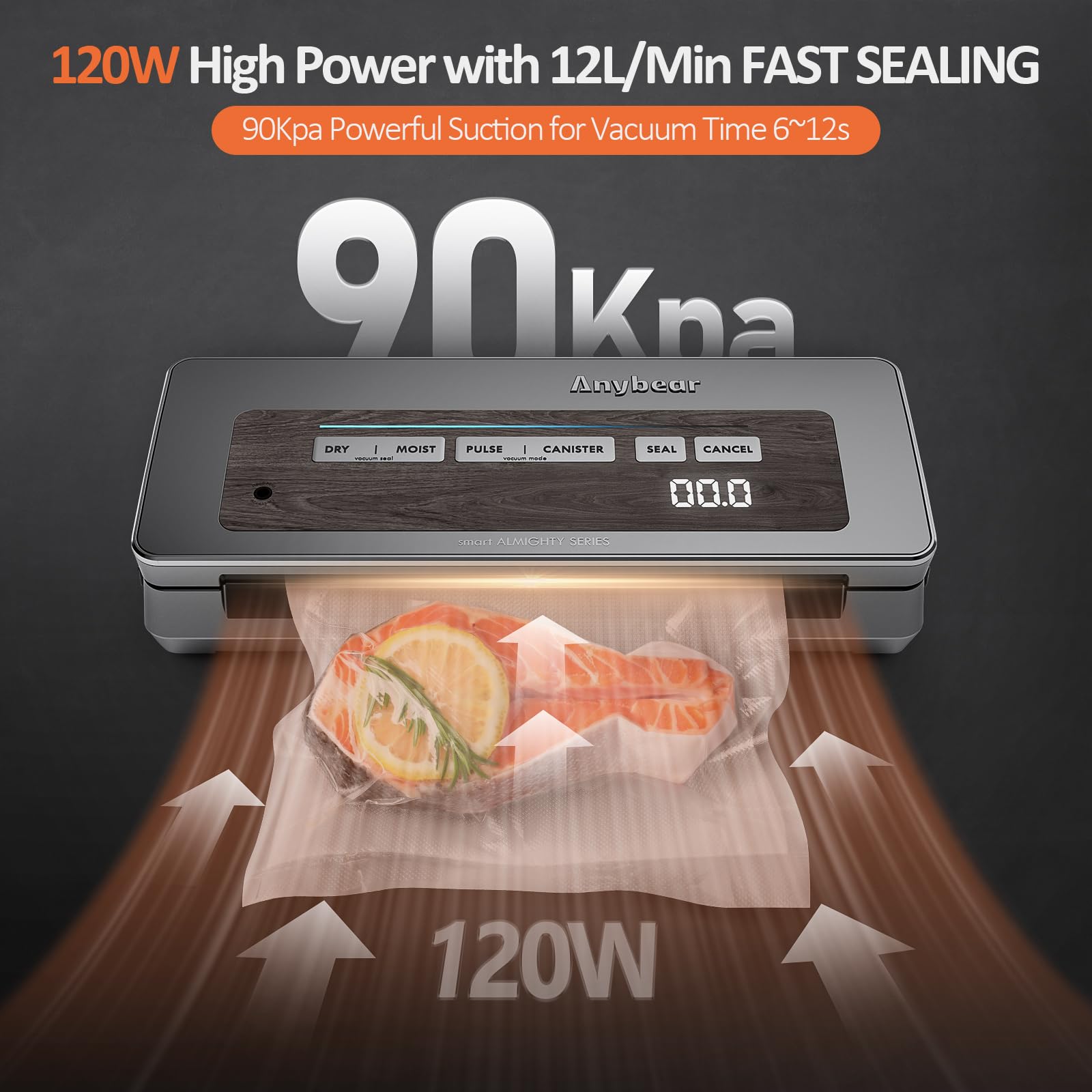 90kPa 120W Powerful Vacuum Sealer Machine with Built-in Cutter | Digital Countdown Display | Includes 2 Bag Rolls & 5 Pre-cut Bags | Ideal for Food Storage, Meal Prep & Sous Vide Cooking (Gray)