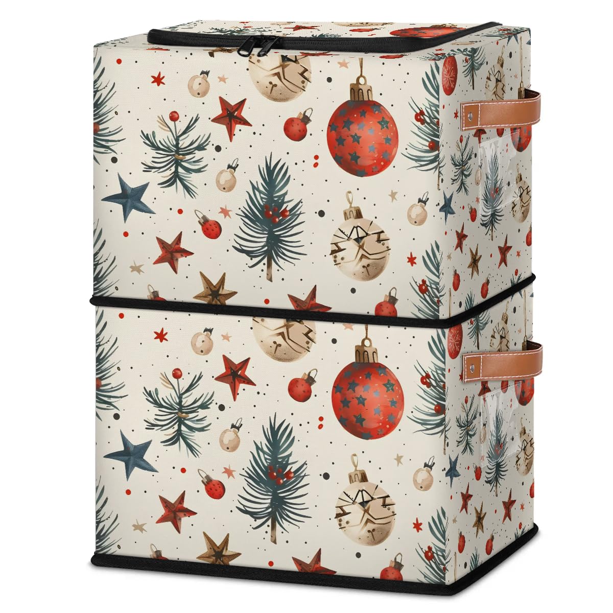 2-Pack Stackable Christmas Tree Storage Bins with Zipper Lid & Metal Frame - Closet Organizer Cubes with PU Handles for Holiday Decor, Clothes & Seasonal Items Storage | Perfect for Attic, Basement & Closet Organization
