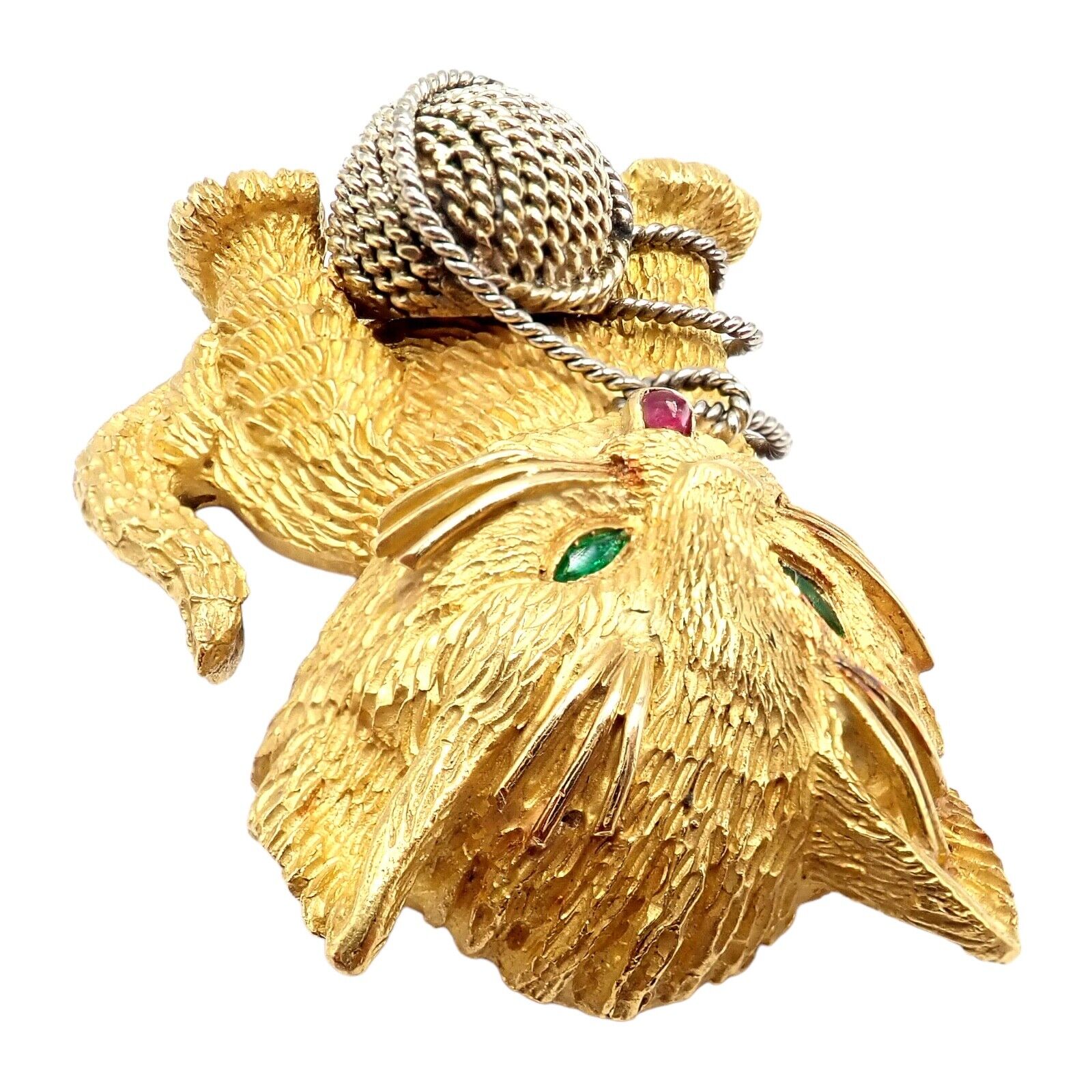 Vintage Tiffany & Co. France 20k Yellow Gold Ruby Emerald Cat Brooch Pin - Elegant Collectible Jewelry for Special Occasions & Gift Giving