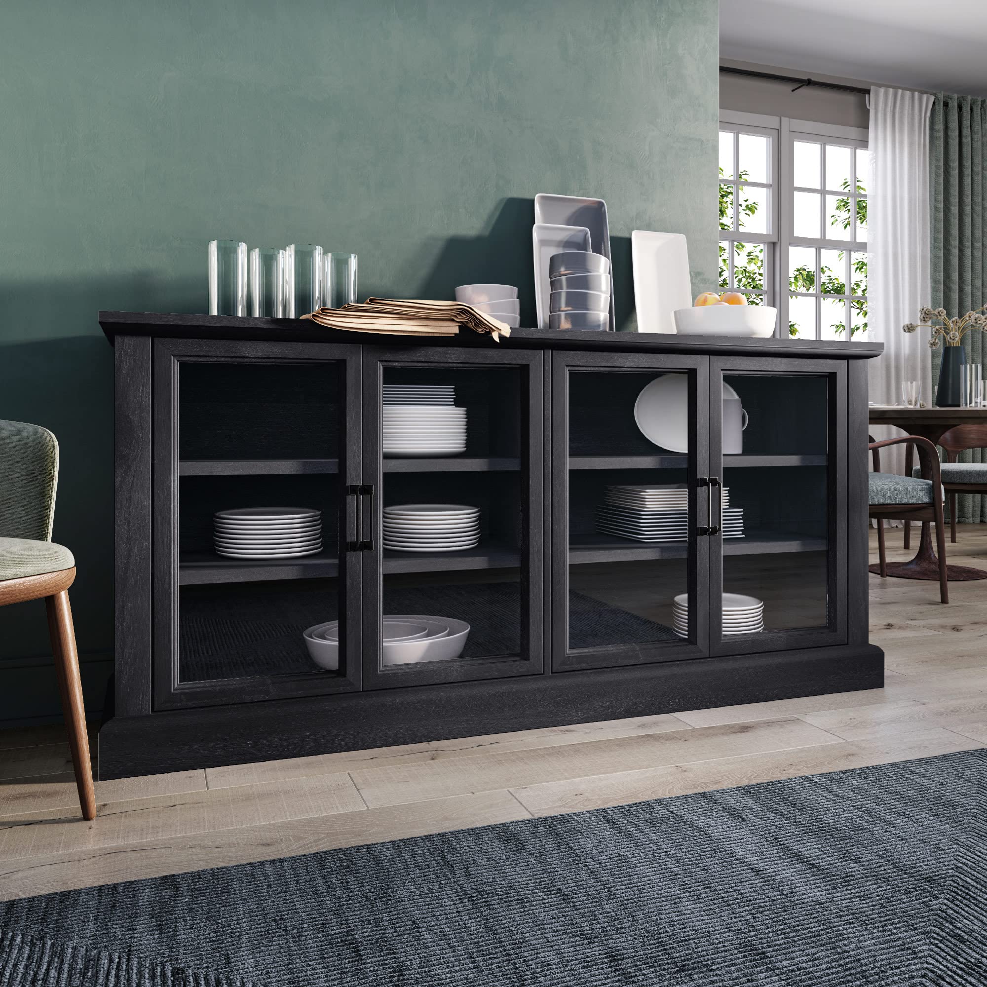 BELLEZE 70 Inch Rustic Gray Sideboard Buffet Cabinet with Glass Doors & Adjustable Shelves - Storage Entertainment Center for Living Room, Dining Room, Home Office | Perfect for Displaying Collectibles, Storing Tableware & Organizing Media Equipment