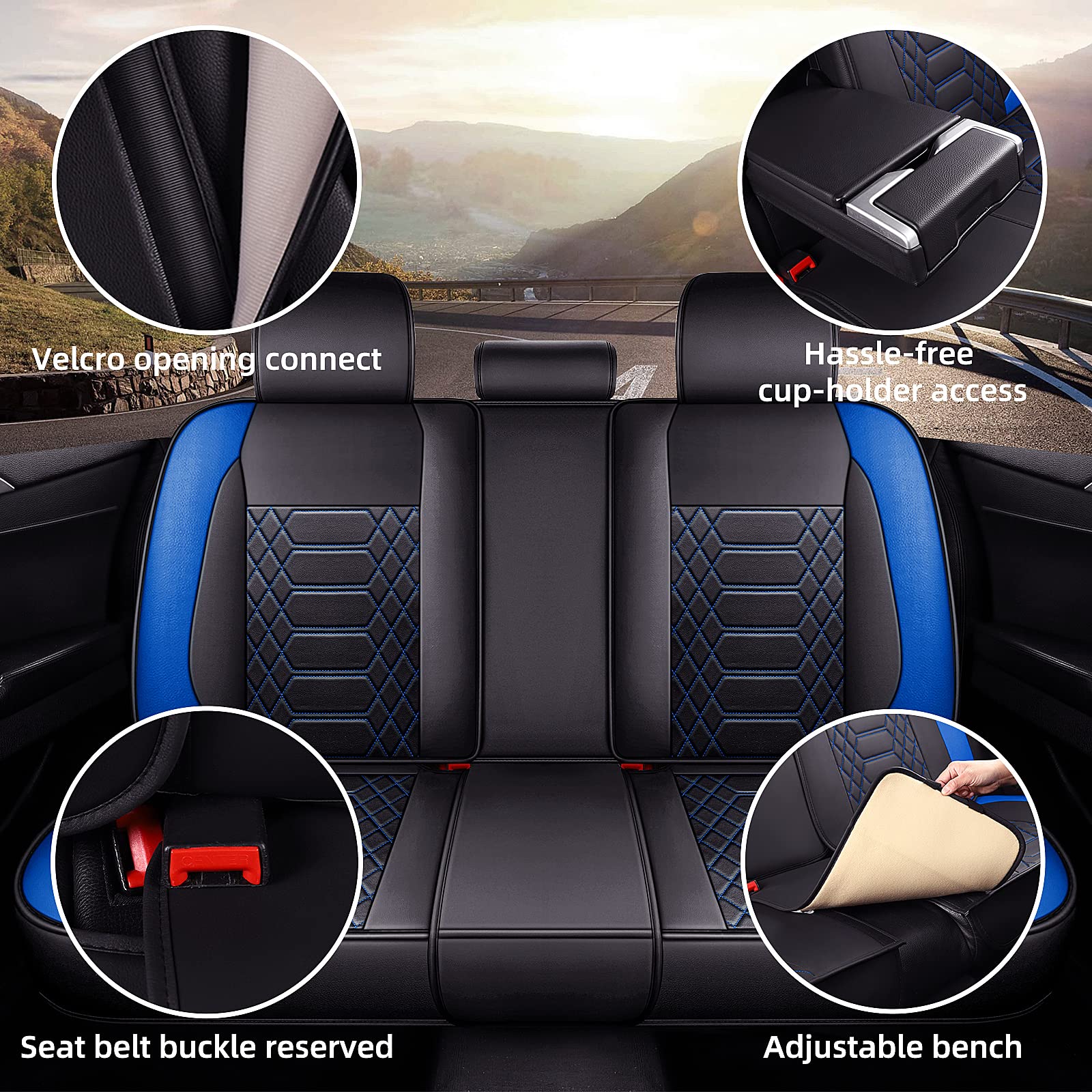 Premium Leather Car Seat Covers Full Set - Universal Fit for 5 Seats, Airbag Compatible & Durable Protection (Black & Blue) | Perfect for SUVs, Sedans & Family Vehicles