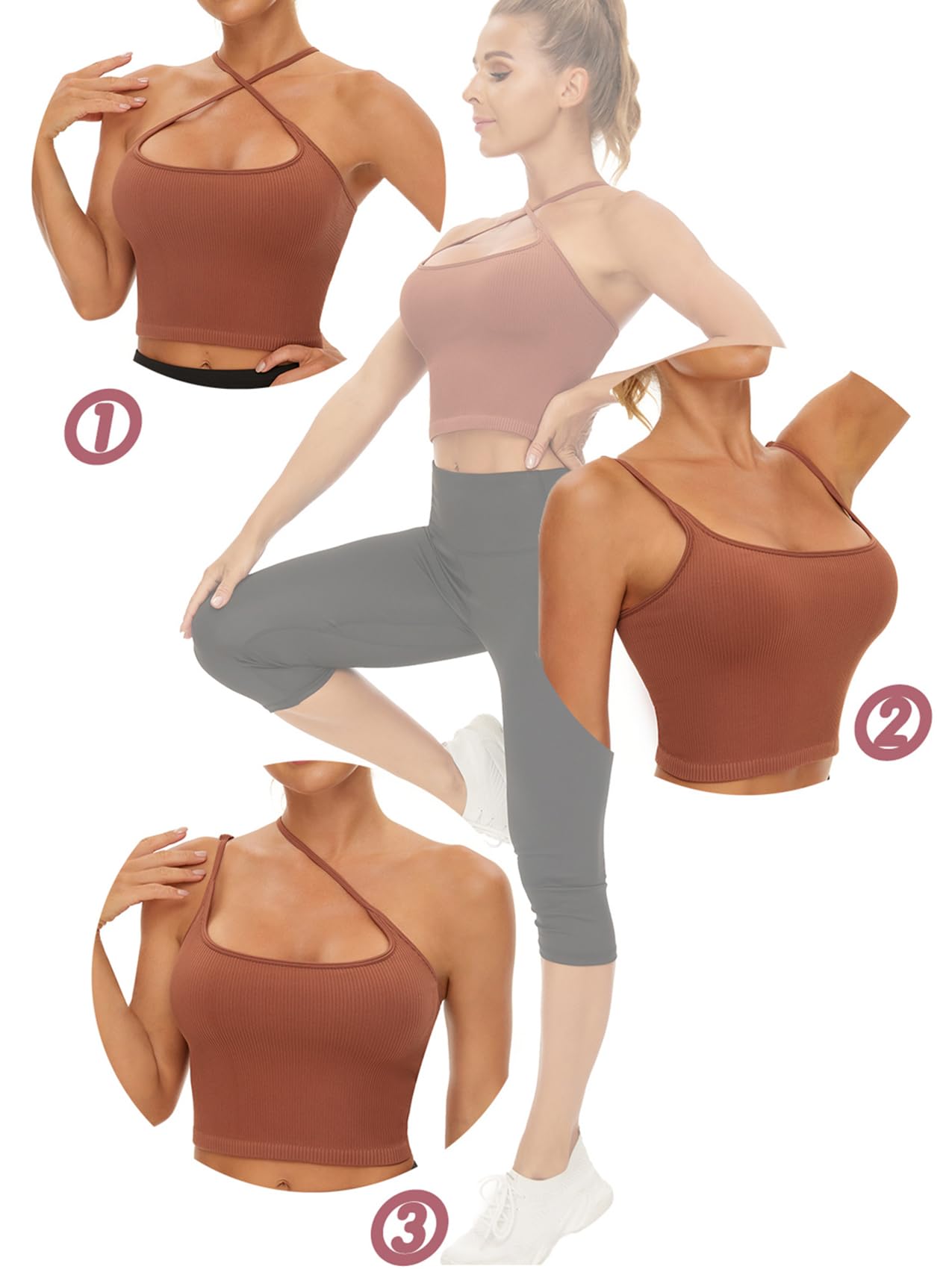 Chilylori Seamless Sports Bra & Cropped Tank Top for Women - Adjustable Straps, Ribbed Workout Tops (2 Pack) | Yoga, Gym, Running & Fitness Activities