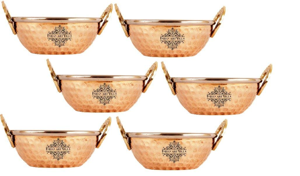Indian Art Villa Hammered Steel Copper Kadhai Wok Bowl Set - 12oz (6-Piece) for Cooking & Serving | Traditional Indian Tableware for Curry, Rice & Stir Fry | Perfect for Home Dining & Party Serving